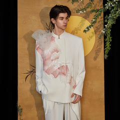 JIECHI Asymmetrical Ruffled Tulle Embellished Blazer