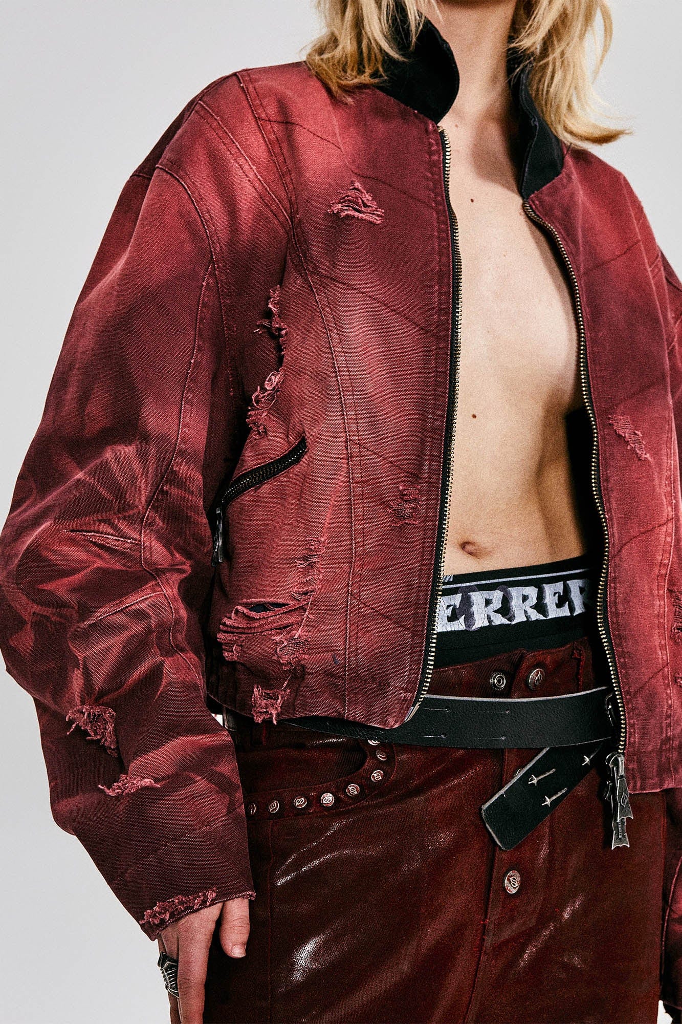 FLYERRER Distressed Curved Spliced Jacket Burgundy