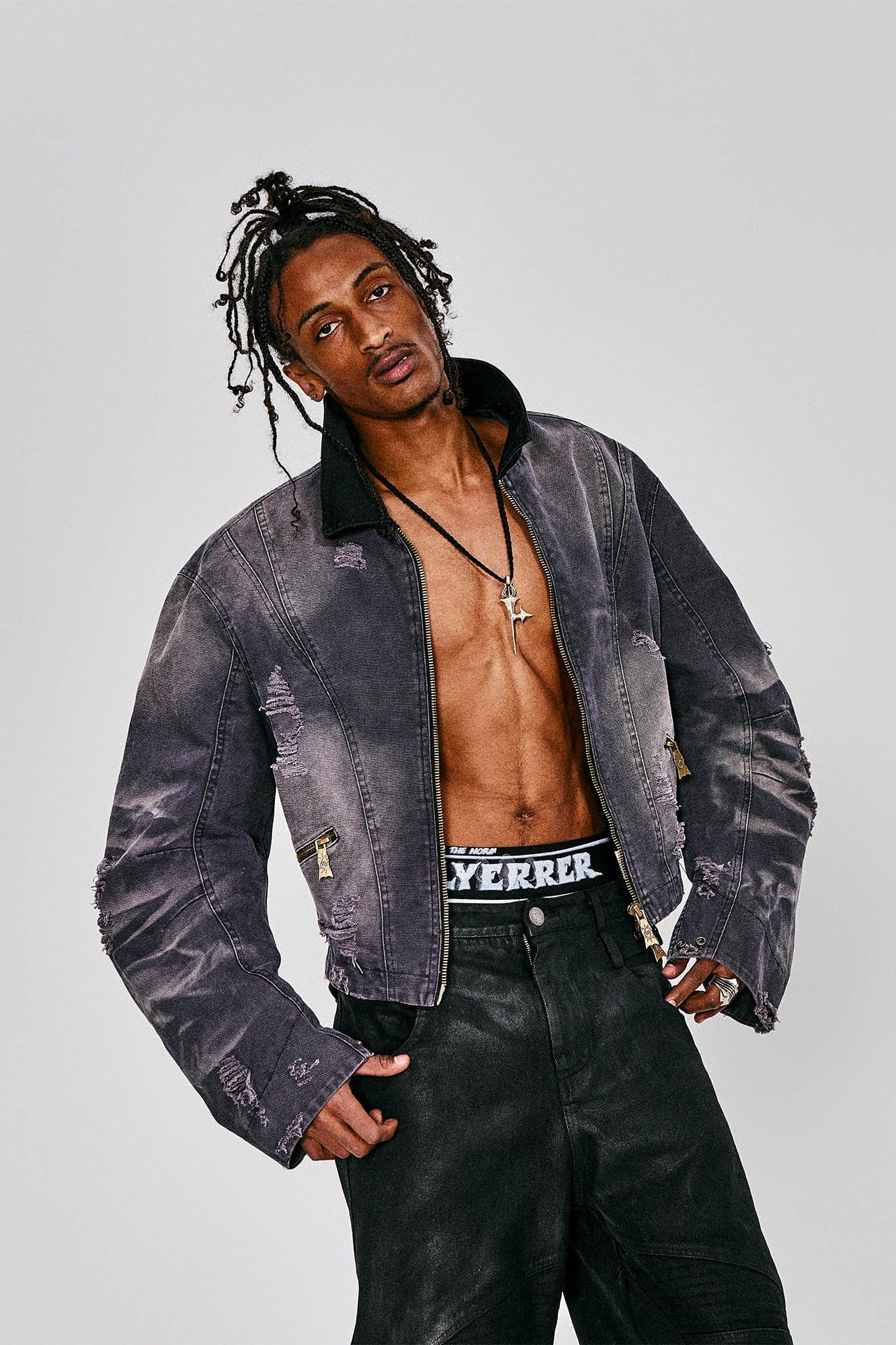 FLYERRER Distressed Curved Spliced Jacket Grey