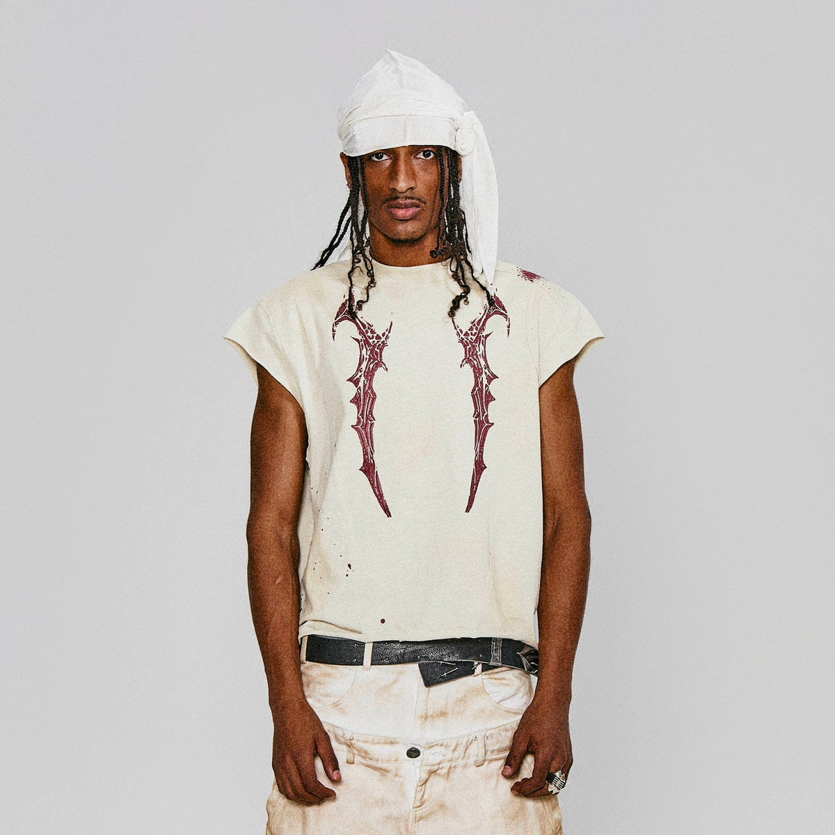 FLYERRER Deconstructed Distressed Scythe-Graphic Cap Sleeve Tee