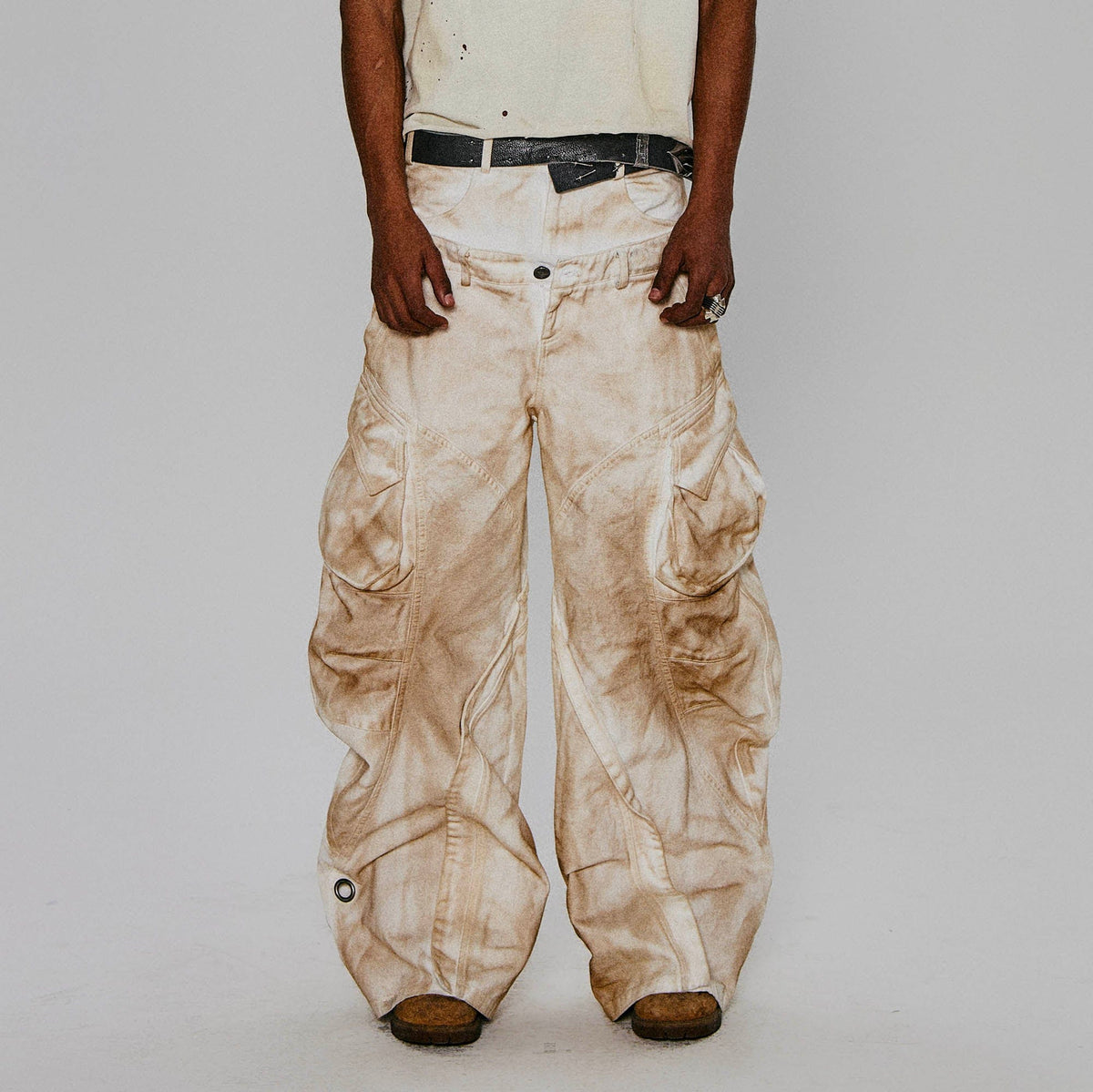 FLYERRER Rusted Double-Waist Multi-Pocket Curved-Leg Cargo