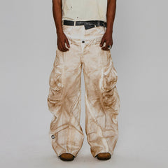FLYERRER Rusted Double-Waist Multi-Pocket Curved-Leg Cargo
