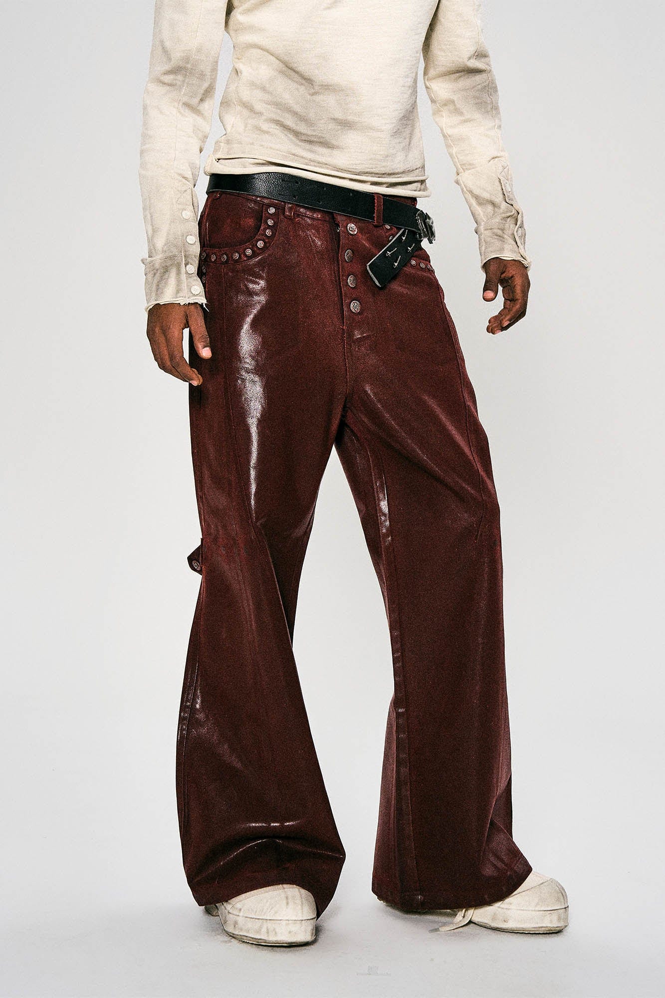 FLYERRER Waxed Spliced Studded Flared Pants
