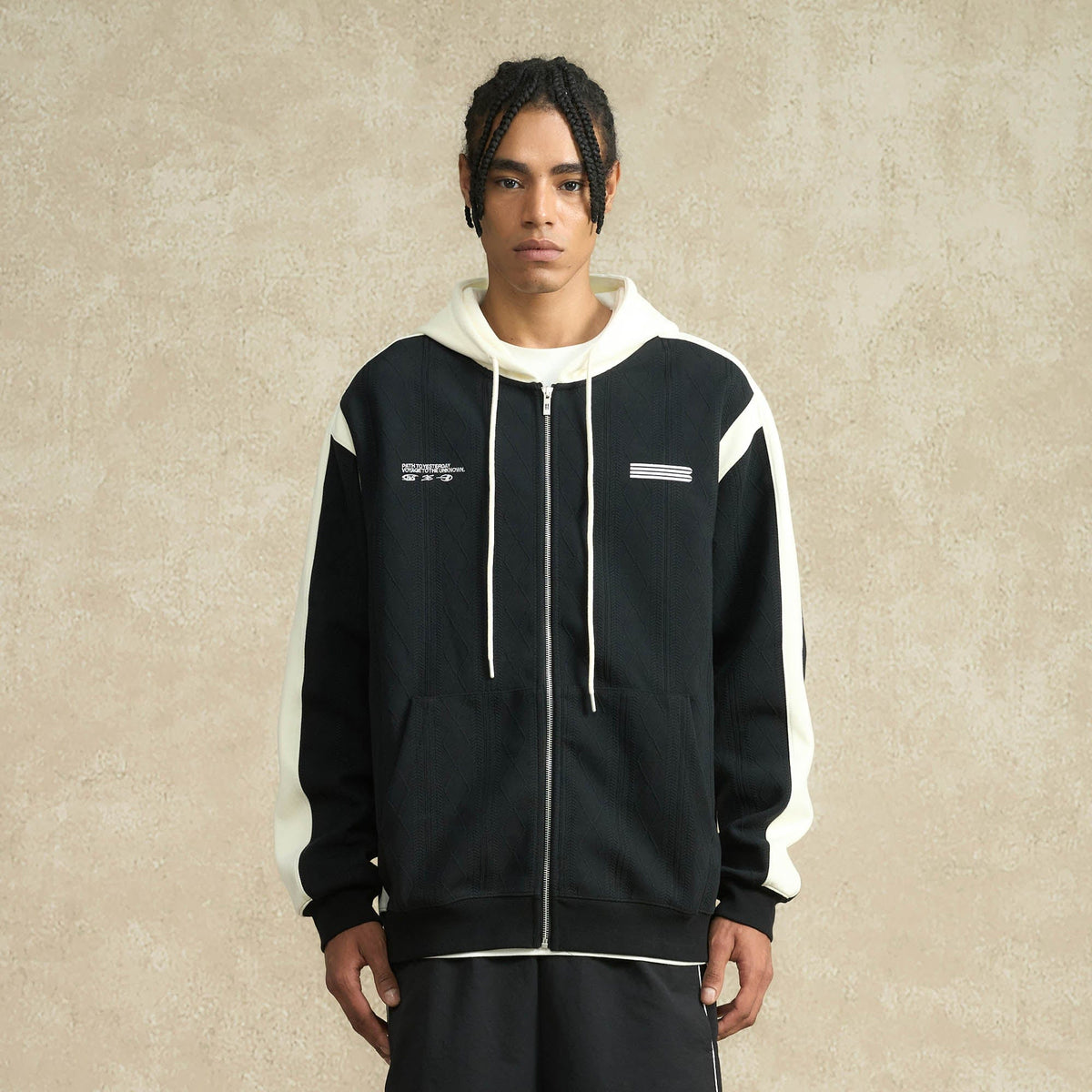 BONELESS Jacquard Contrast Paneled Hooded Jacket