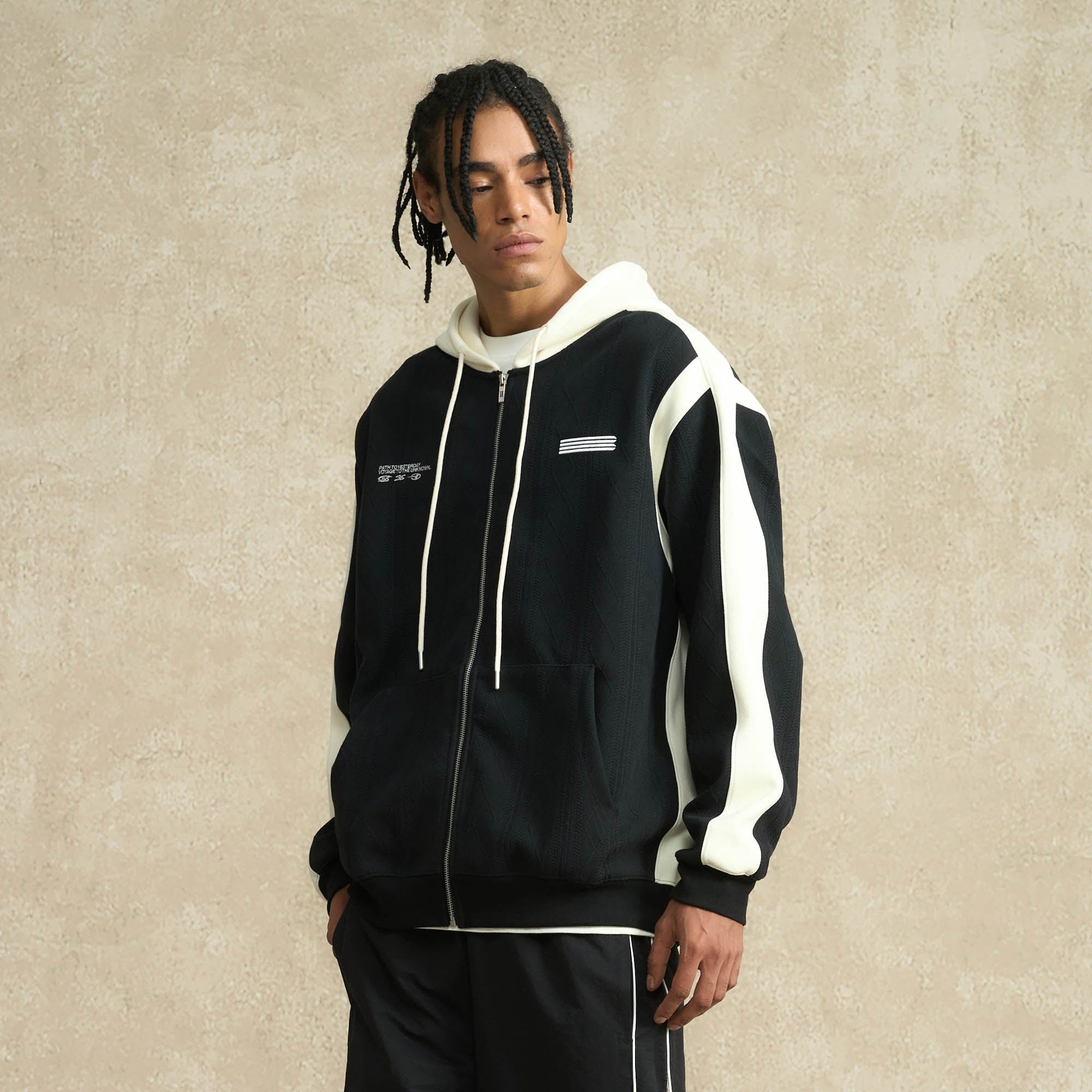 BONELESS Jacquard Contrast Paneled Hooded Jacket