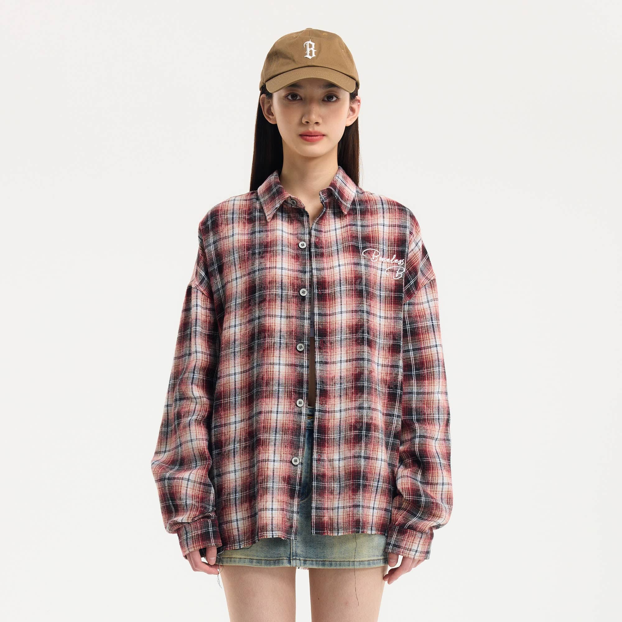 BONELESS Grunge Faded Check Band Patch Shirt