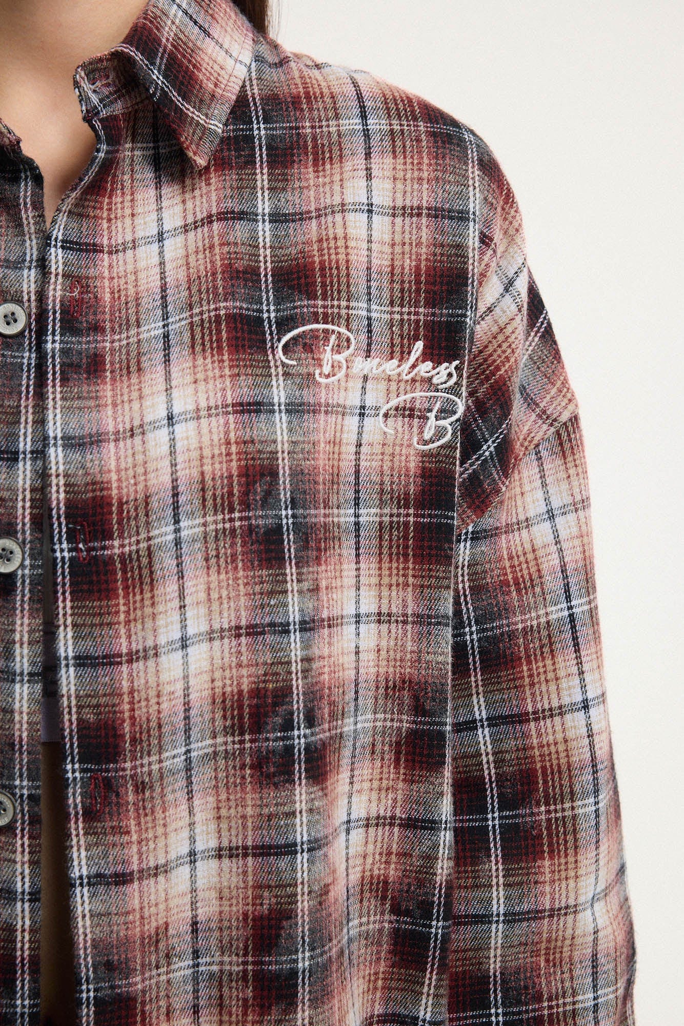 BONELESS Grunge Faded Check Band Patch Shirt