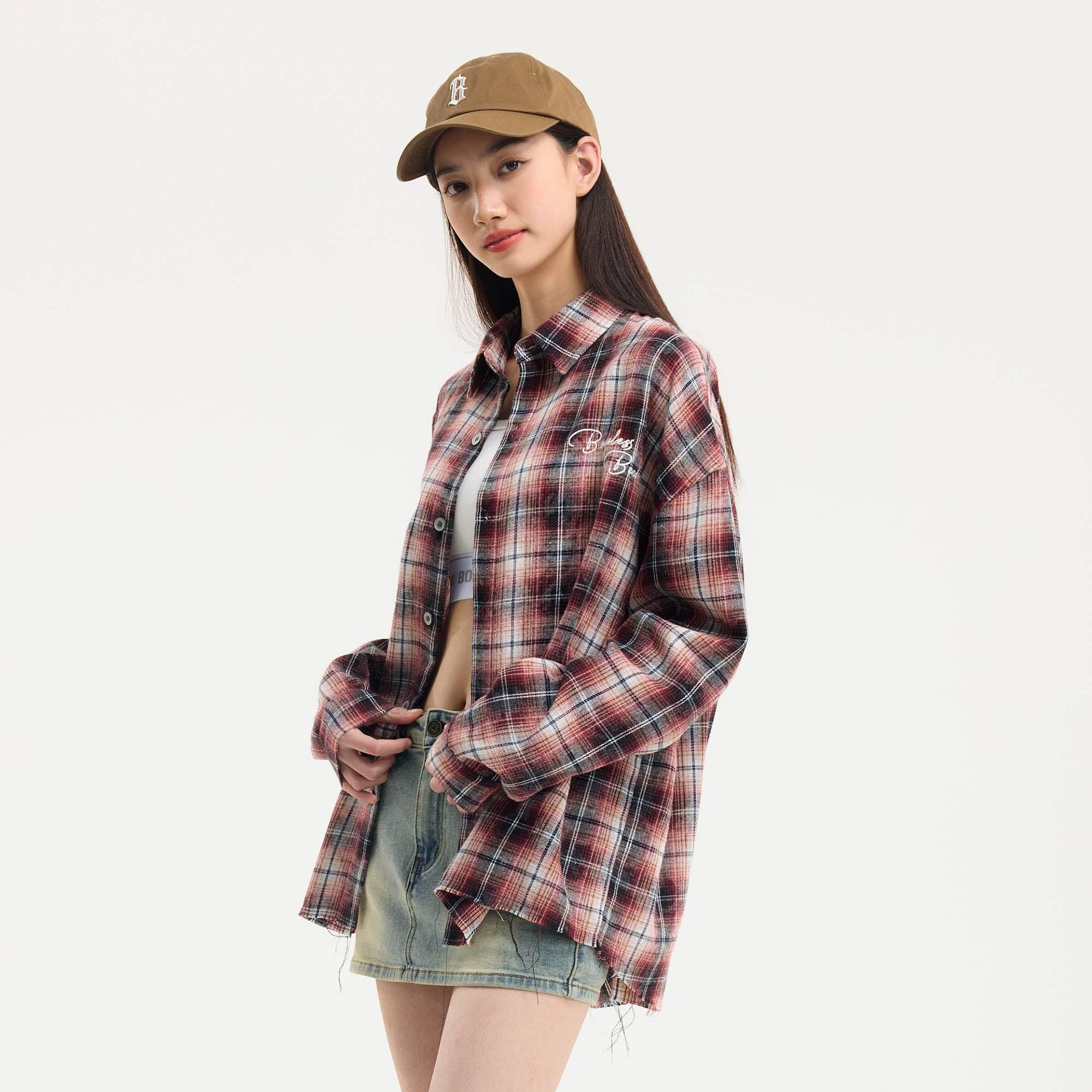 BONELESS Grunge Faded Check Band Patch Shirt