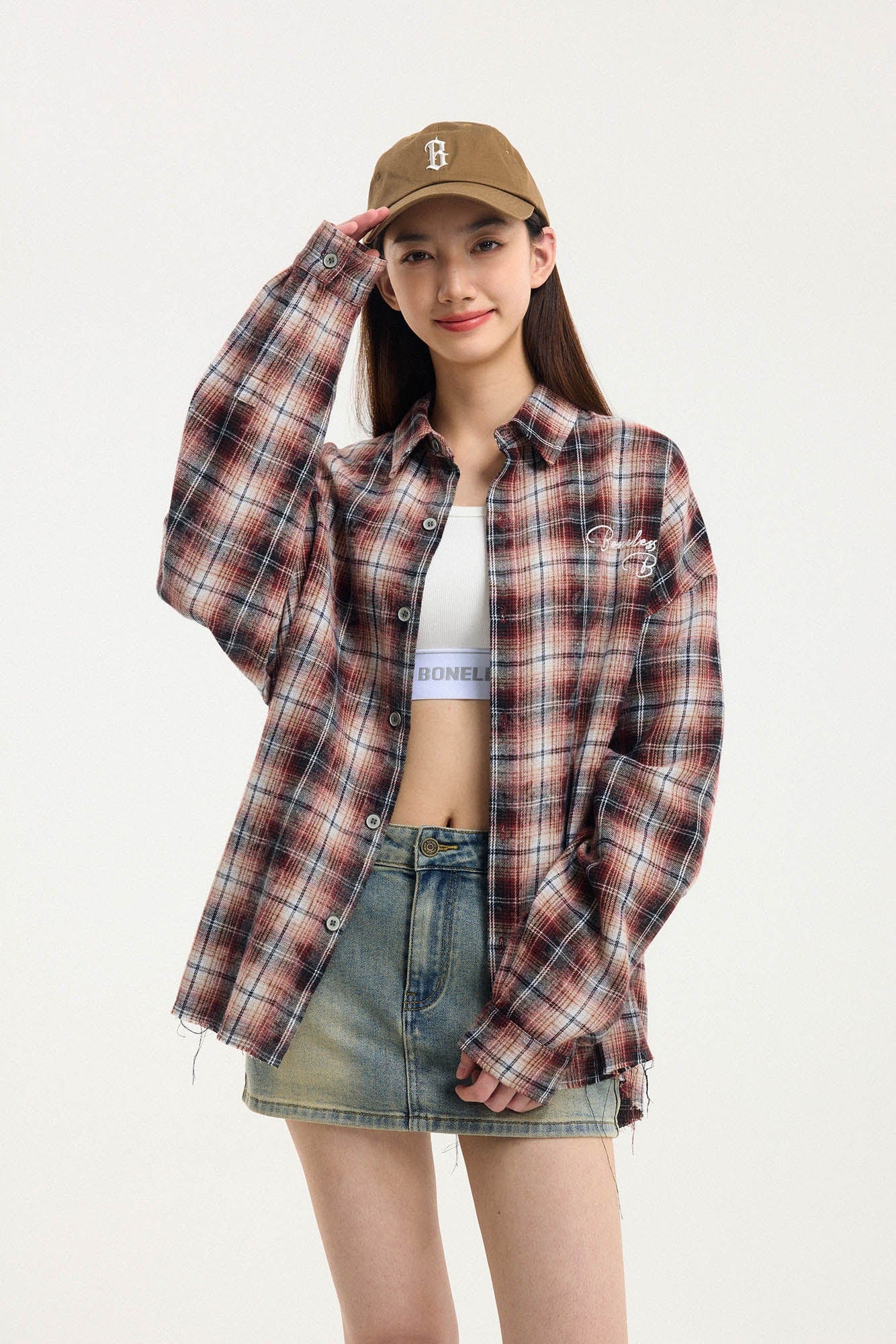 BONELESS Grunge Faded Check Band Patch Shirt