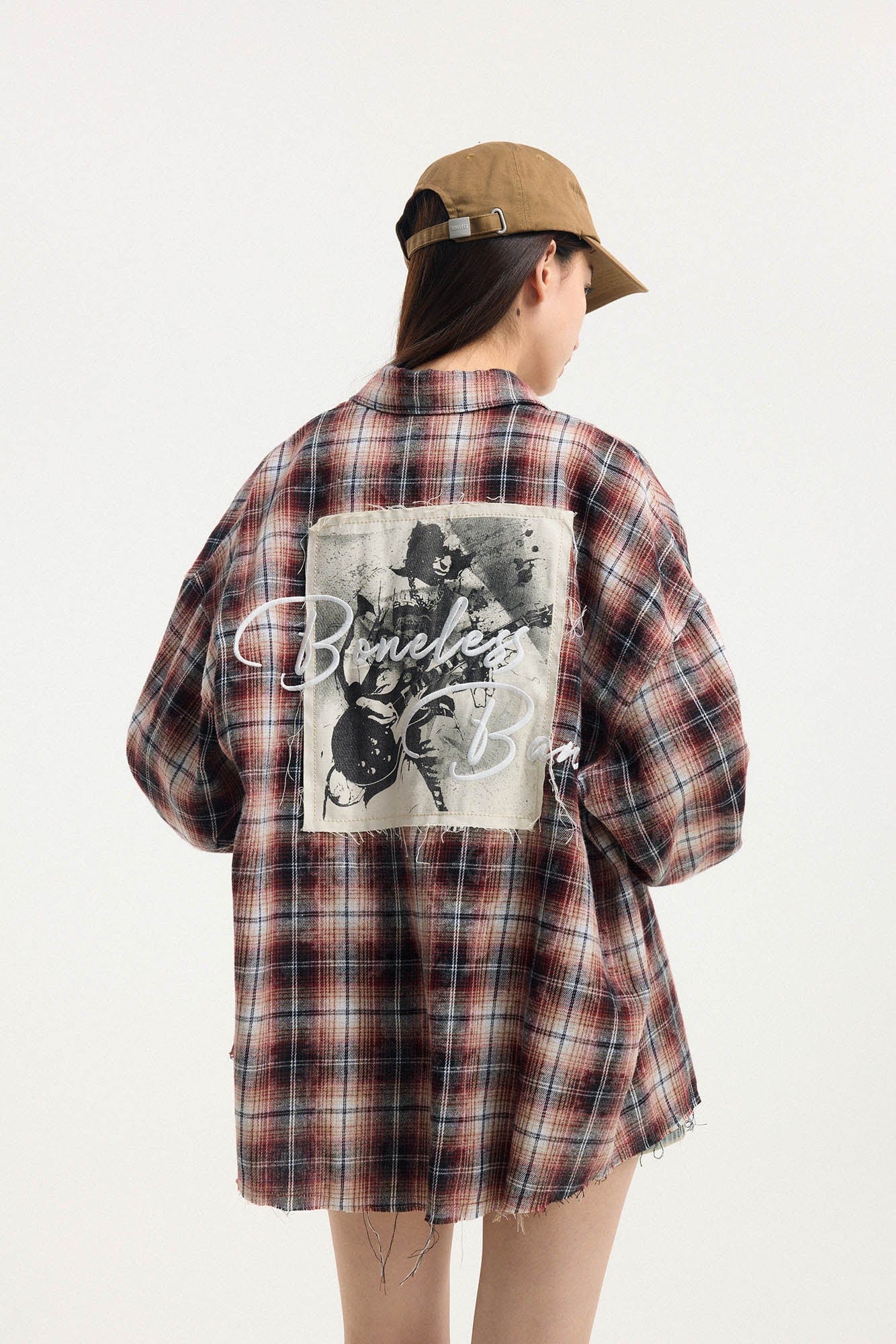 BONELESS Grunge Faded Check Band Patch Shirt