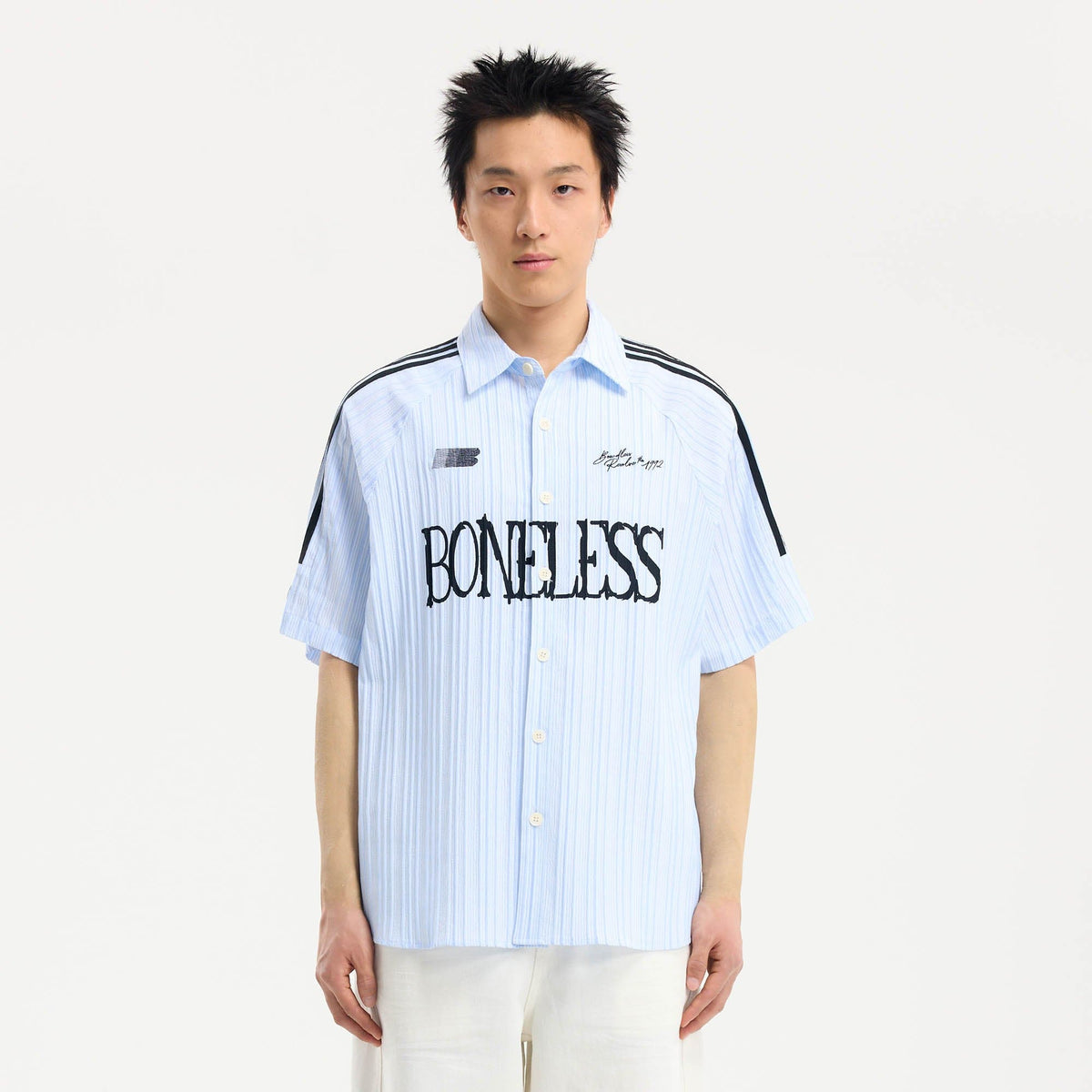 BONELESS Pinstriped Seersucker Raglan Half Shirt