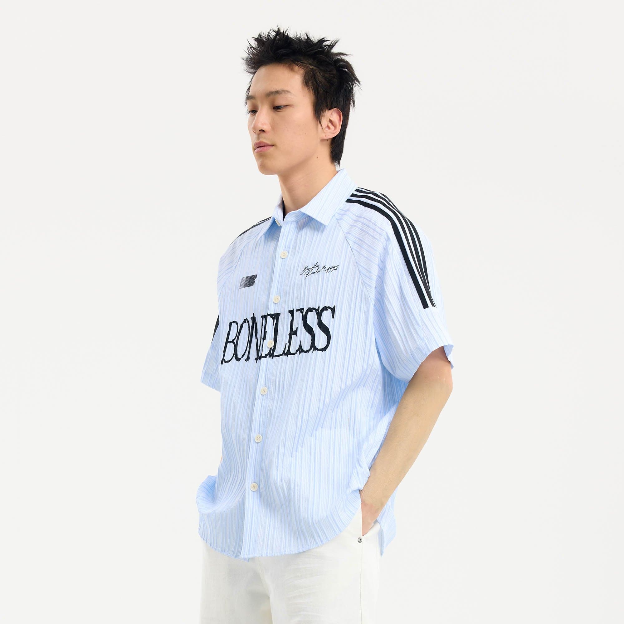 BONELESS Pinstriped Seersucker Raglan Half Shirt