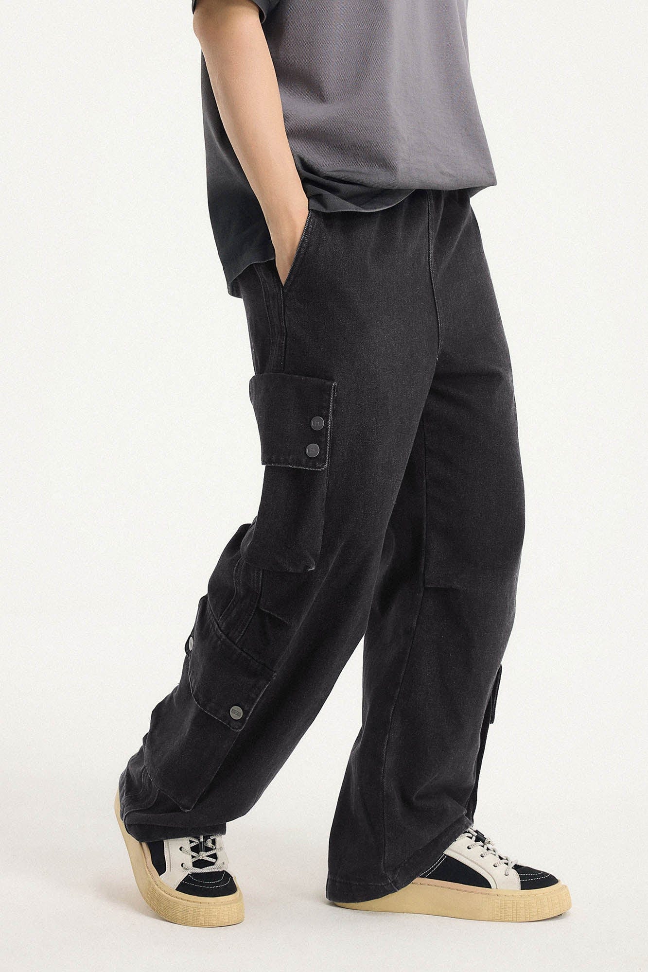 BONELESS Distressed Multi-Pocket Drawstring Cargo Jeans