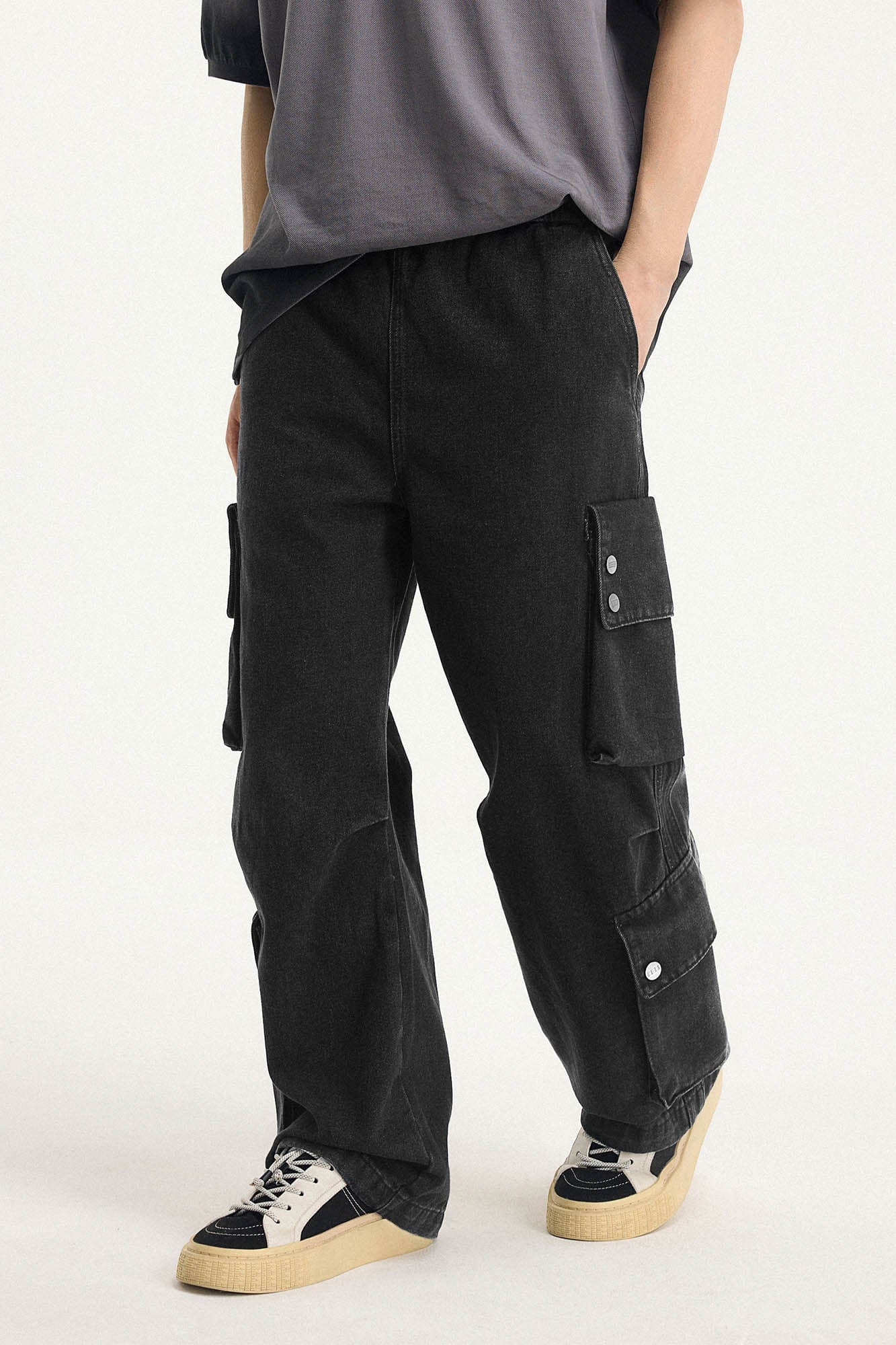 BONELESS Distressed Multi-Pocket Drawstring Cargo Jeans