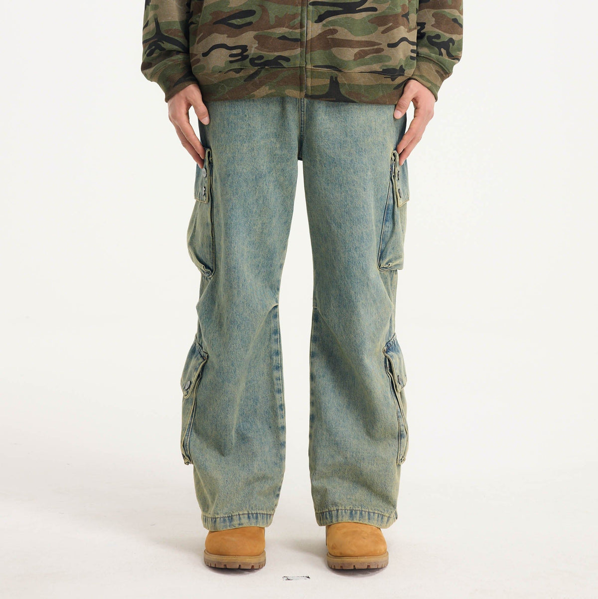 BONELESS Distressed Multi-Pocket Drawstring Cargo Jeans