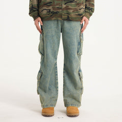 BONELESS Distressed Multi-Pocket Drawstring Cargo Jeans