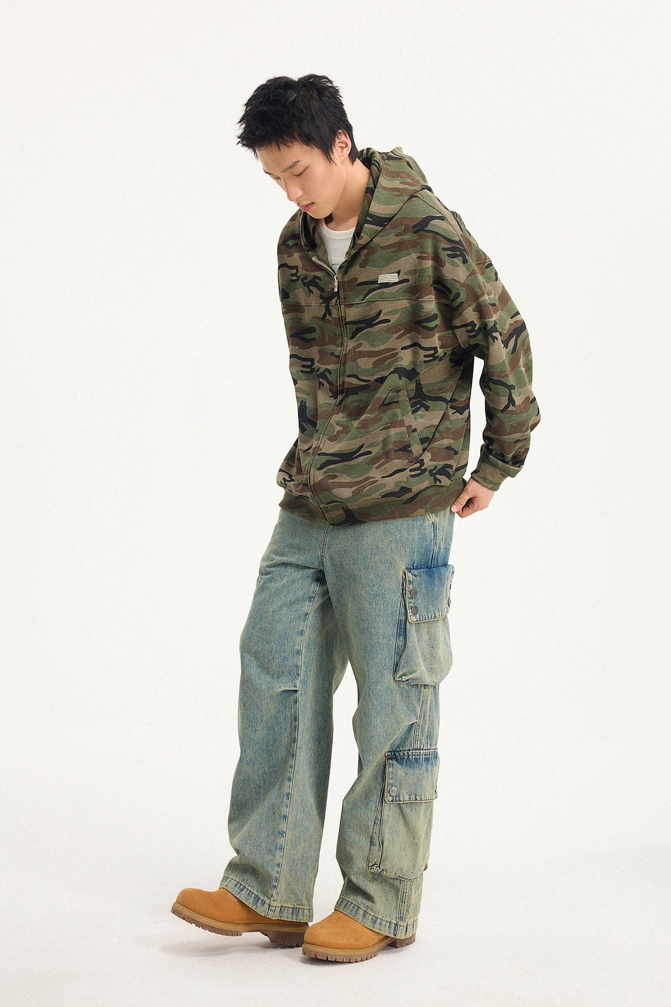 BONELESS Distressed Multi-Pocket Drawstring Cargo Jeans