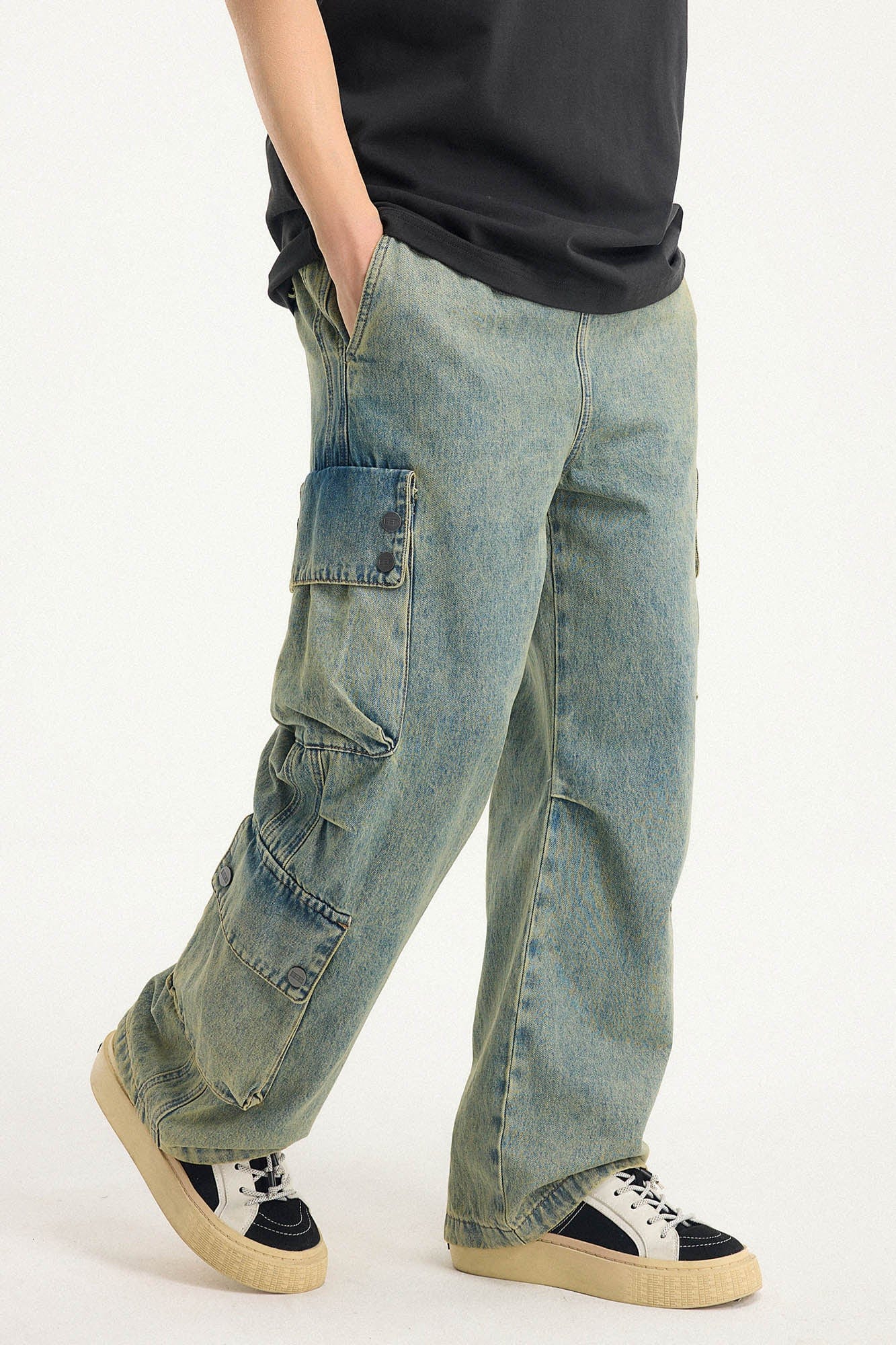 BONELESS Distressed Multi-Pocket Drawstring Cargo Jeans