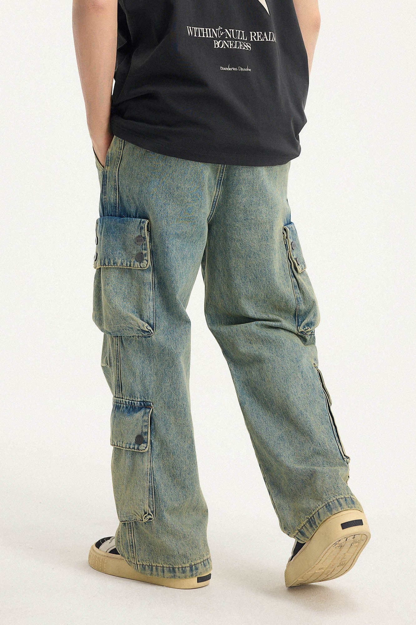 BONELESS Distressed Multi-Pocket Drawstring Cargo Jeans
