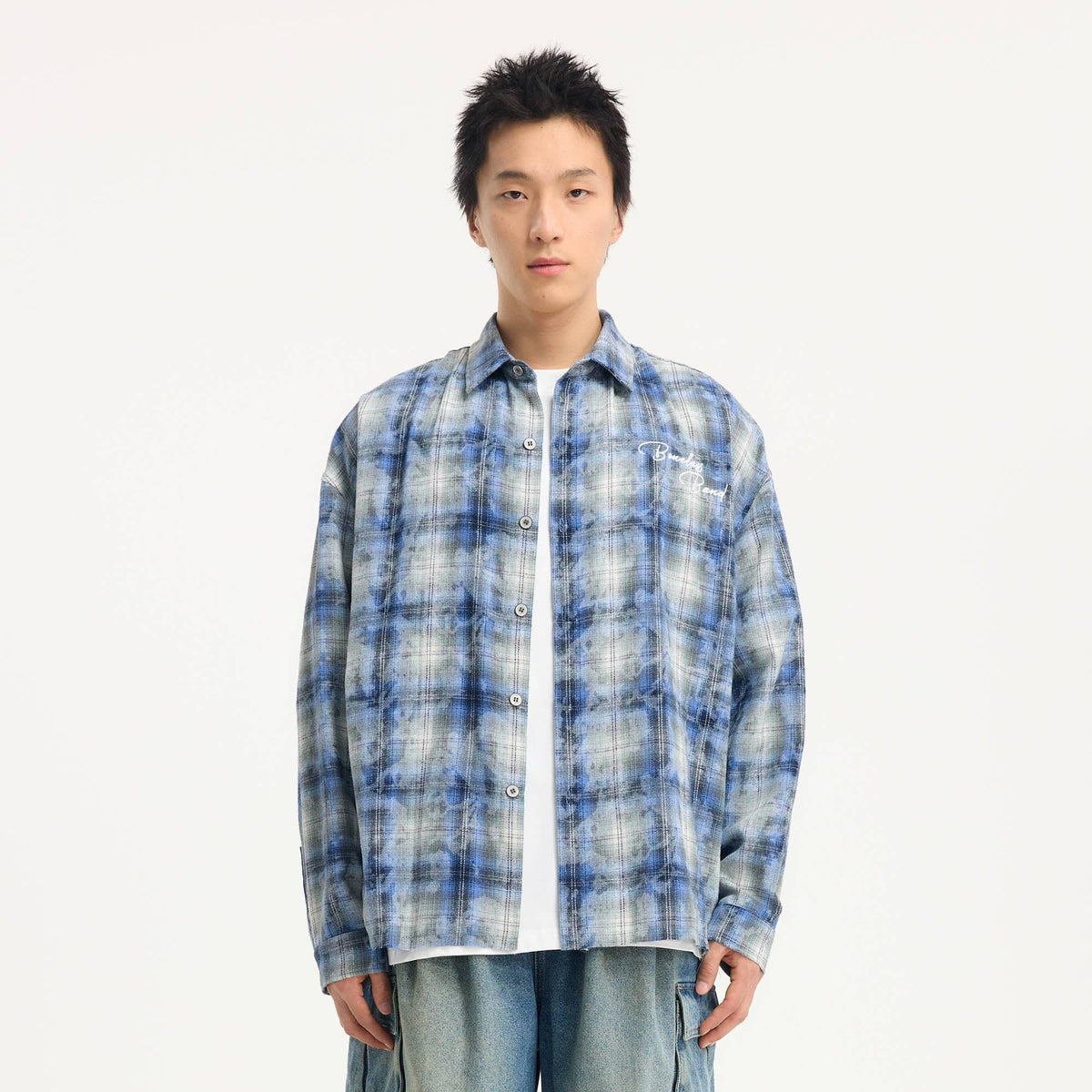 BONELESS Grunge Faded Check Band Patch Shirt