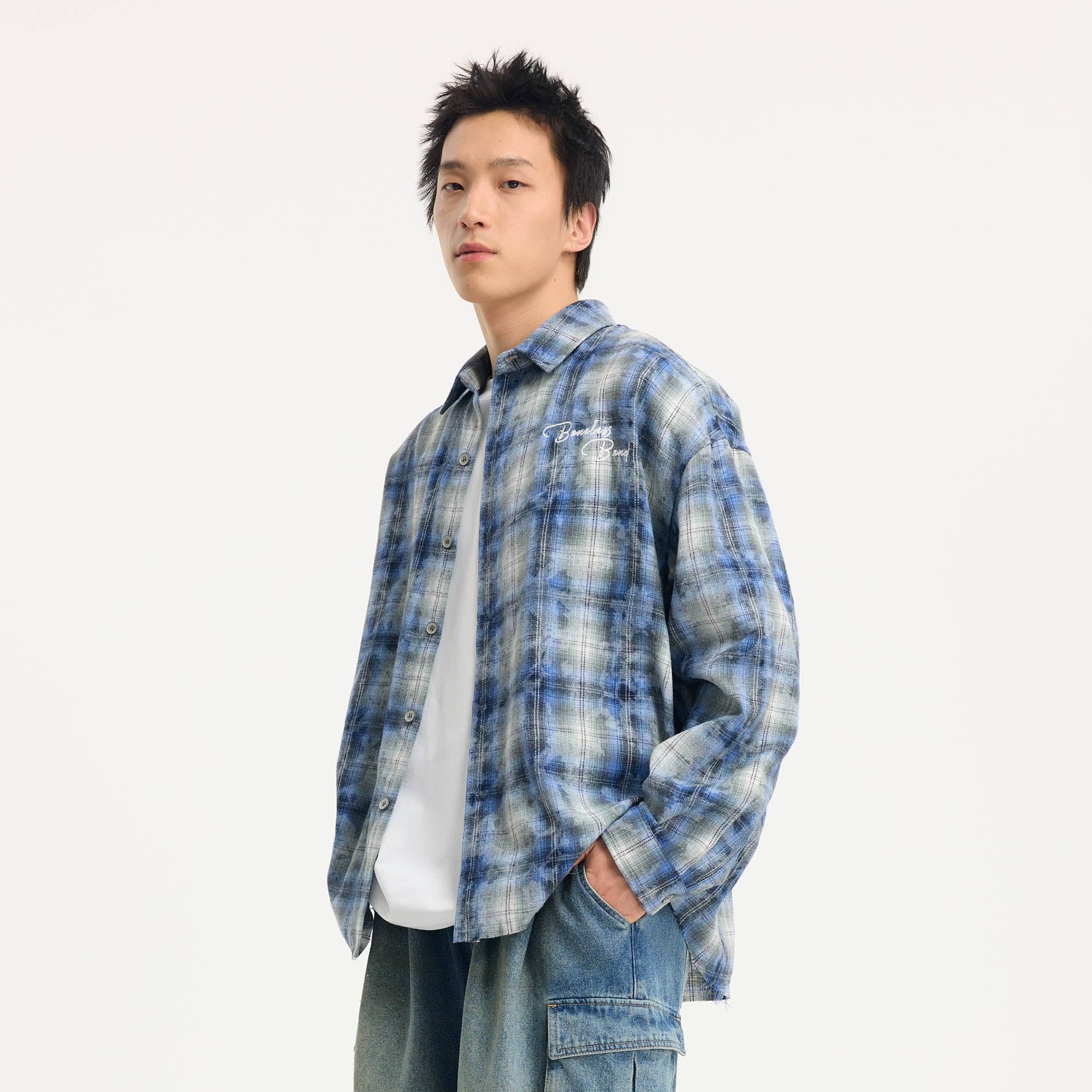 BONELESS Grunge Faded Check Band Patch Shirt