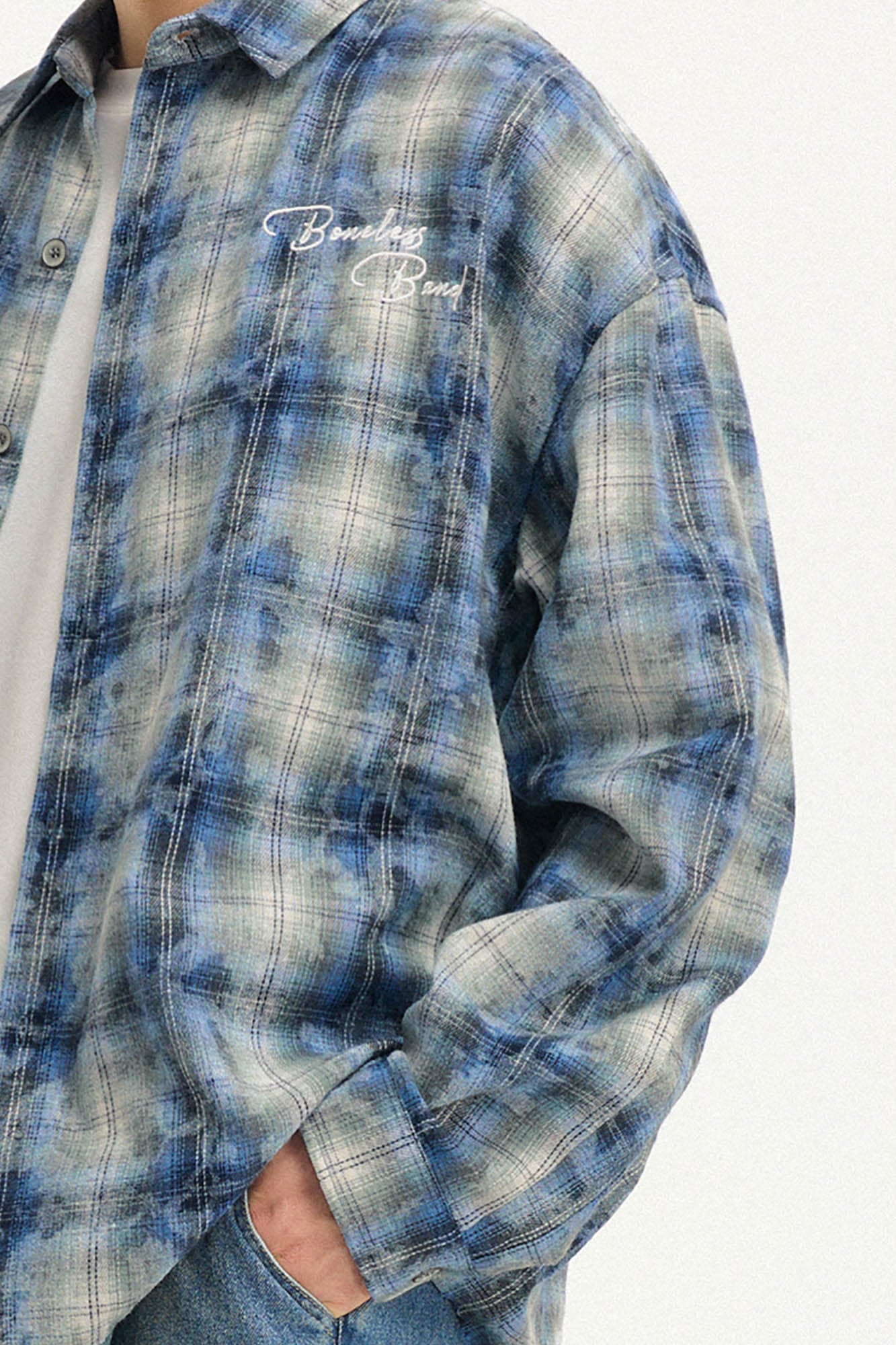 BONELESS Grunge Faded Check Band Patch Shirt