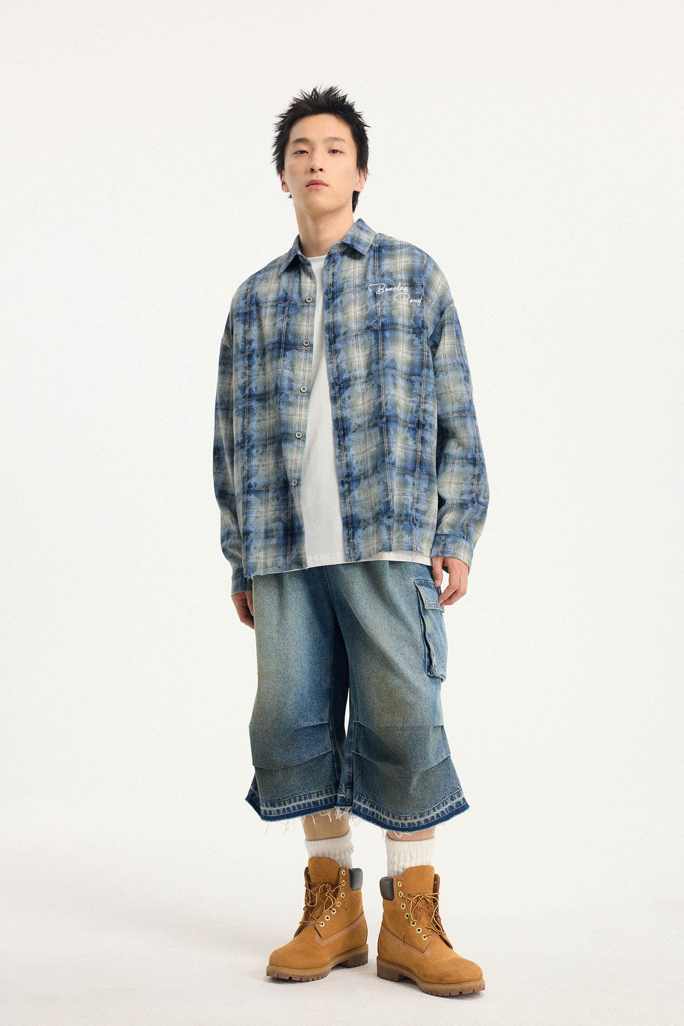 BONELESS Grunge Faded Check Band Patch Shirt