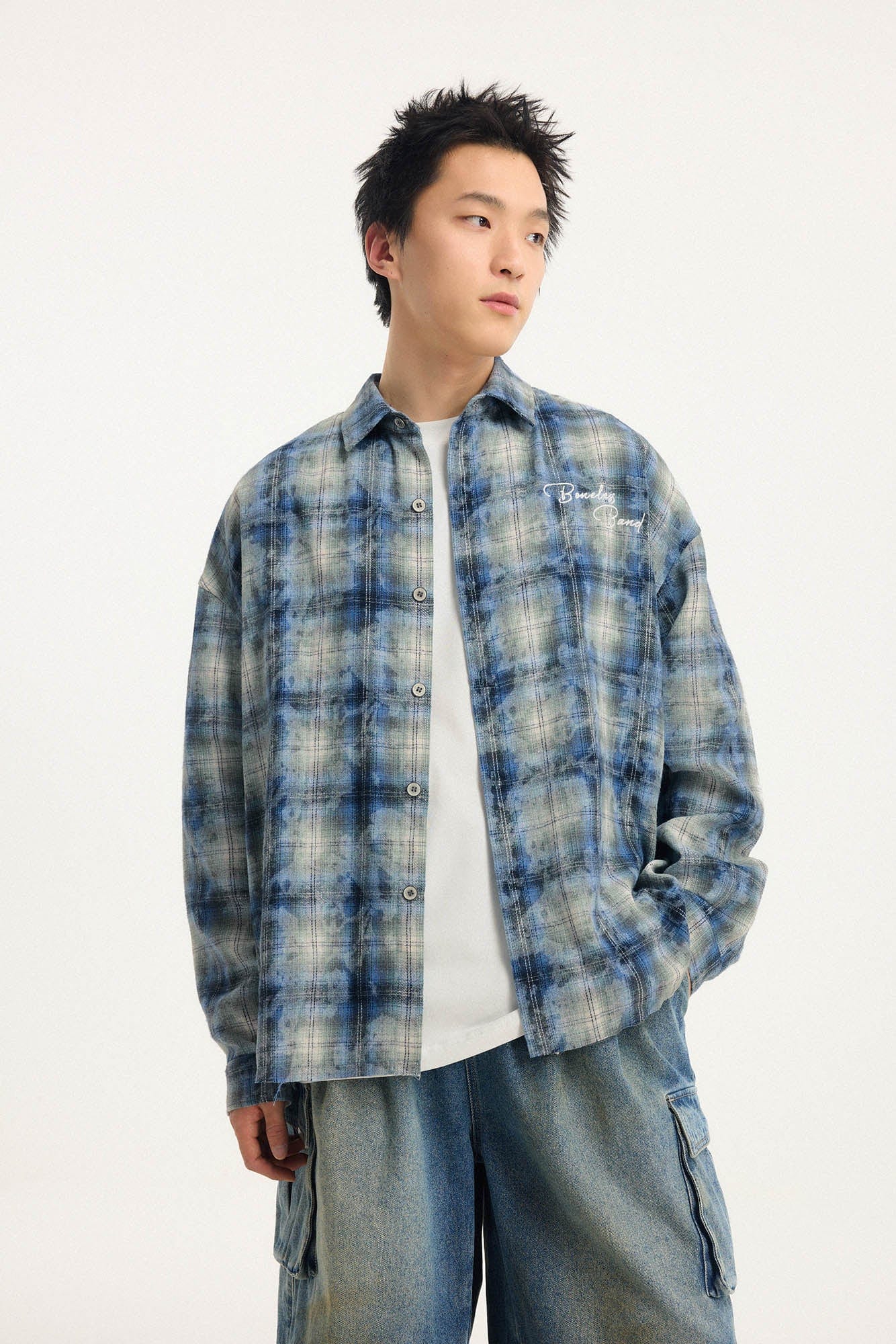 BONELESS Grunge Faded Check Band Patch Shirt