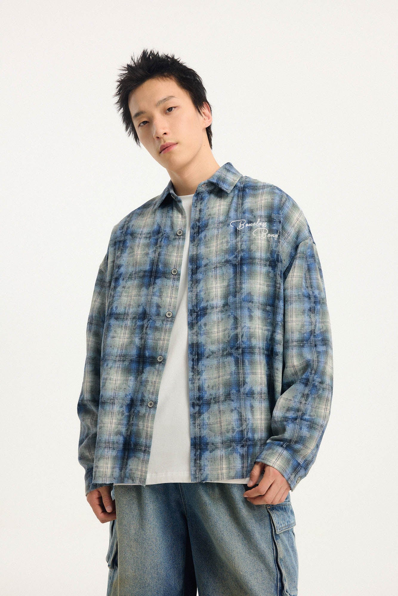 BONELESS Grunge Faded Check Band Patch Shirt