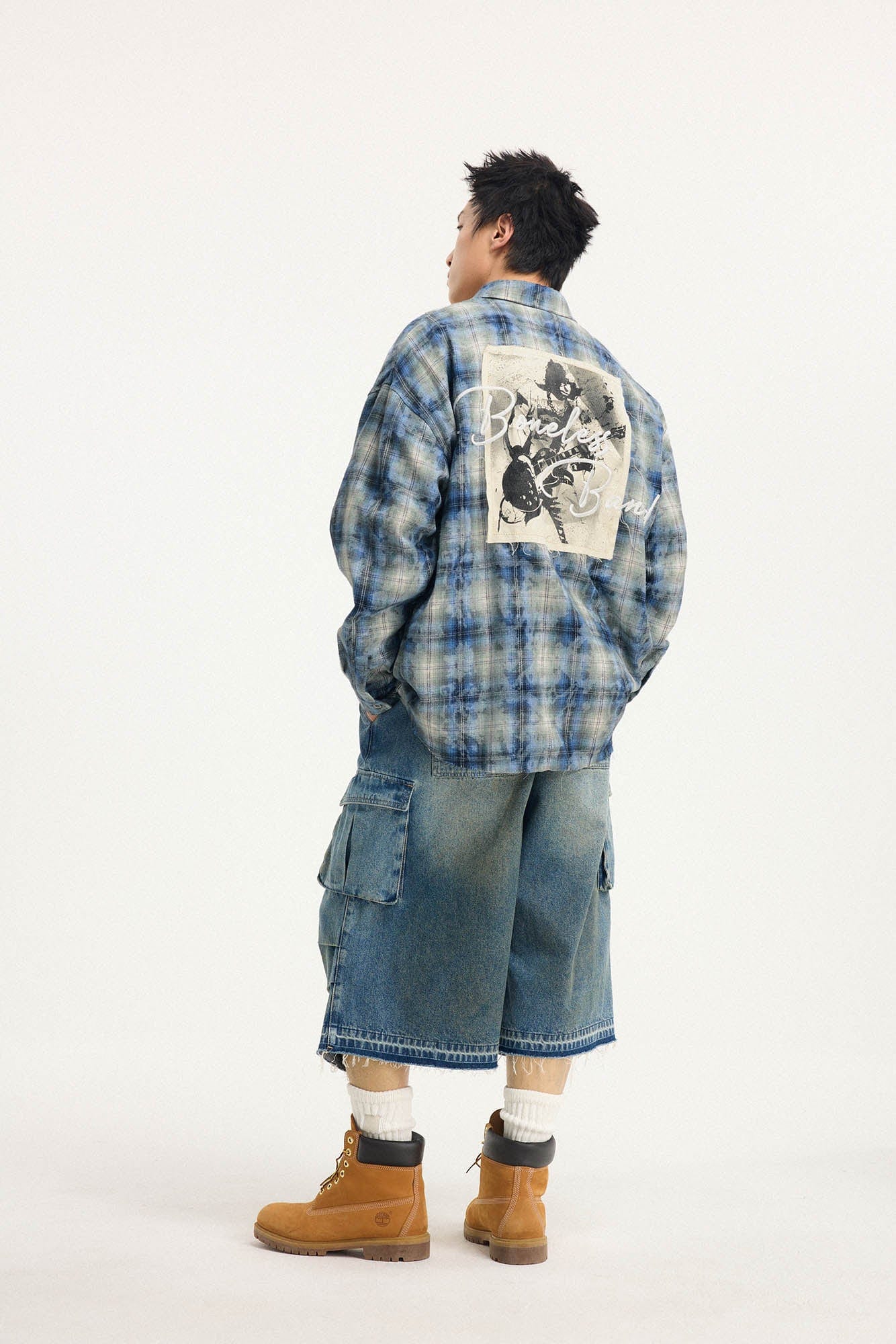 BONELESS Grunge Faded Check Band Patch Shirt