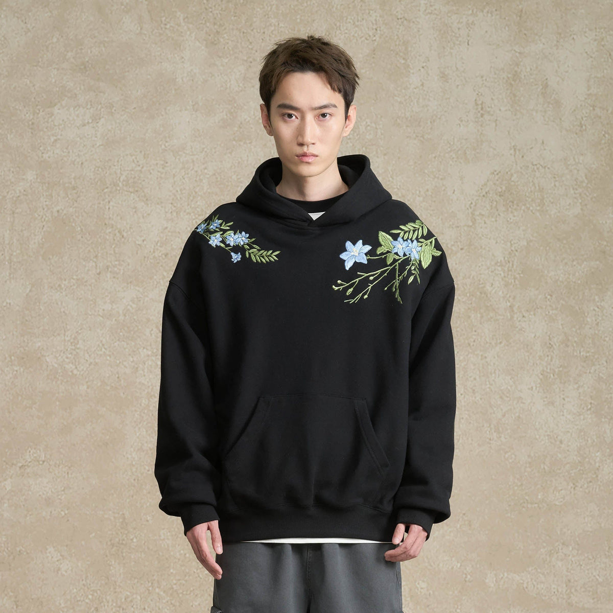 BONELESS Floral Embroidered Fleece-Lined Hoodie
