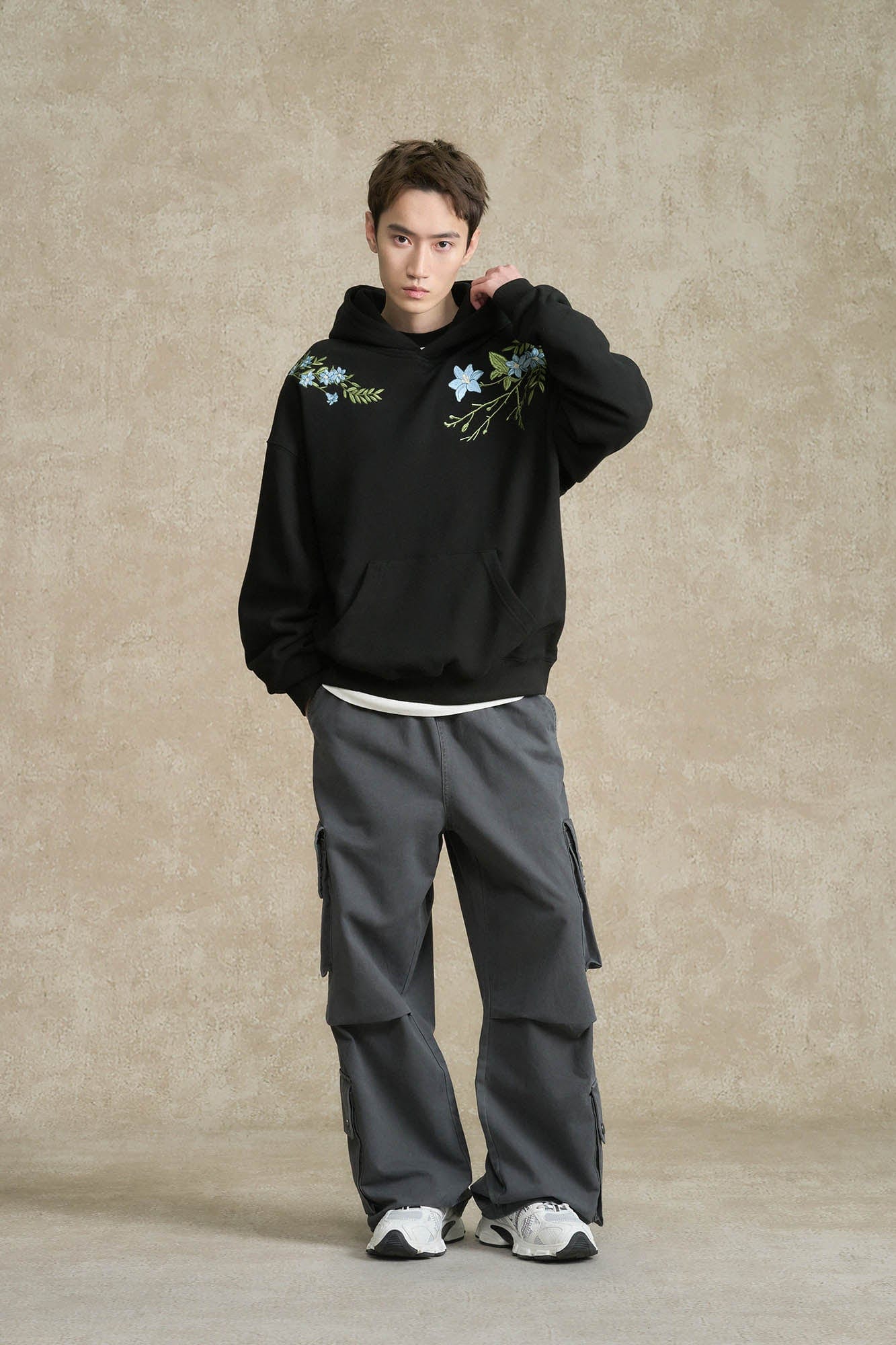 BONELESS Floral Embroidered Fleece-Lined Hoodie
