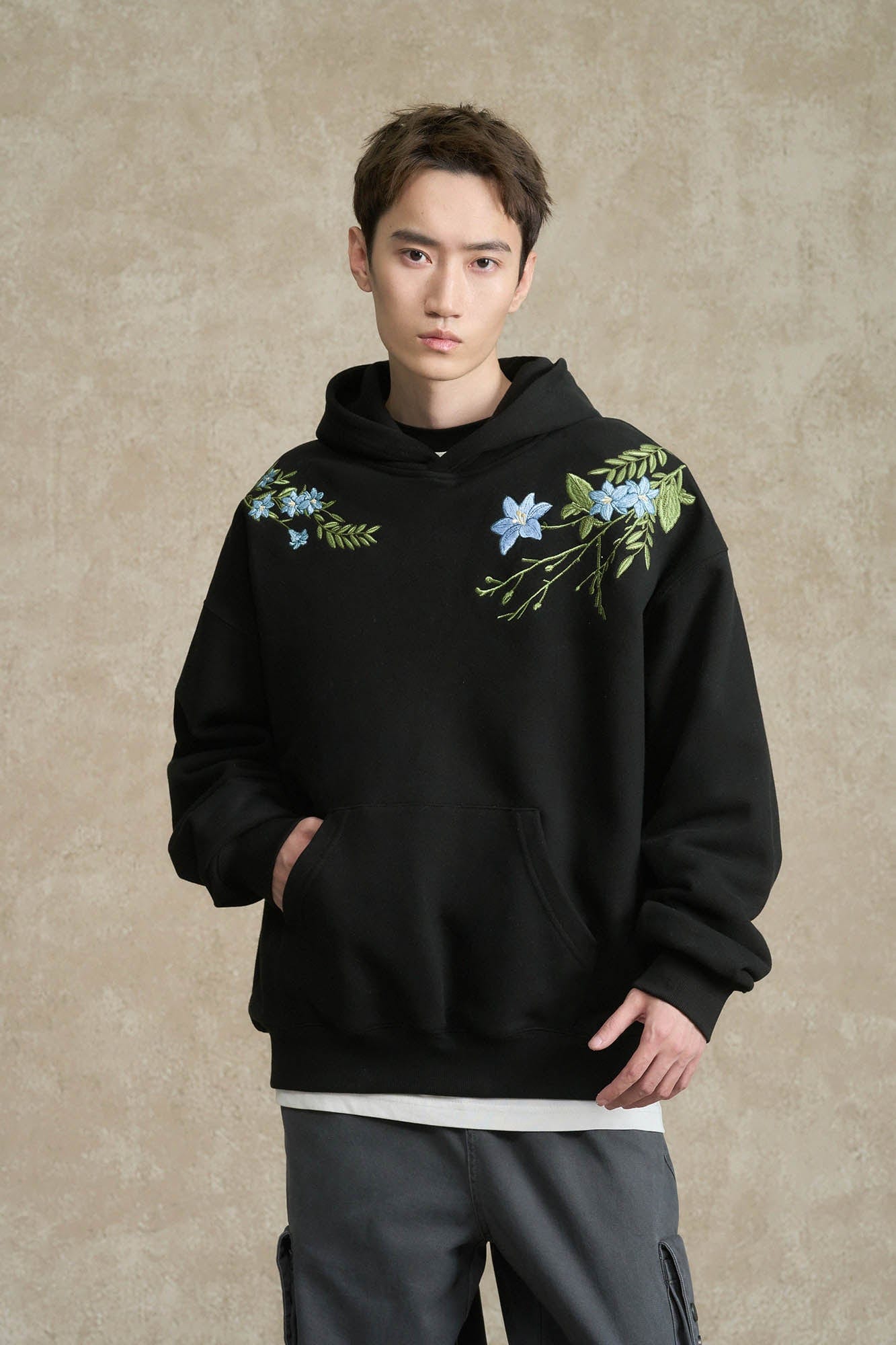 BONELESS Floral Embroidered Fleece-Lined Hoodie