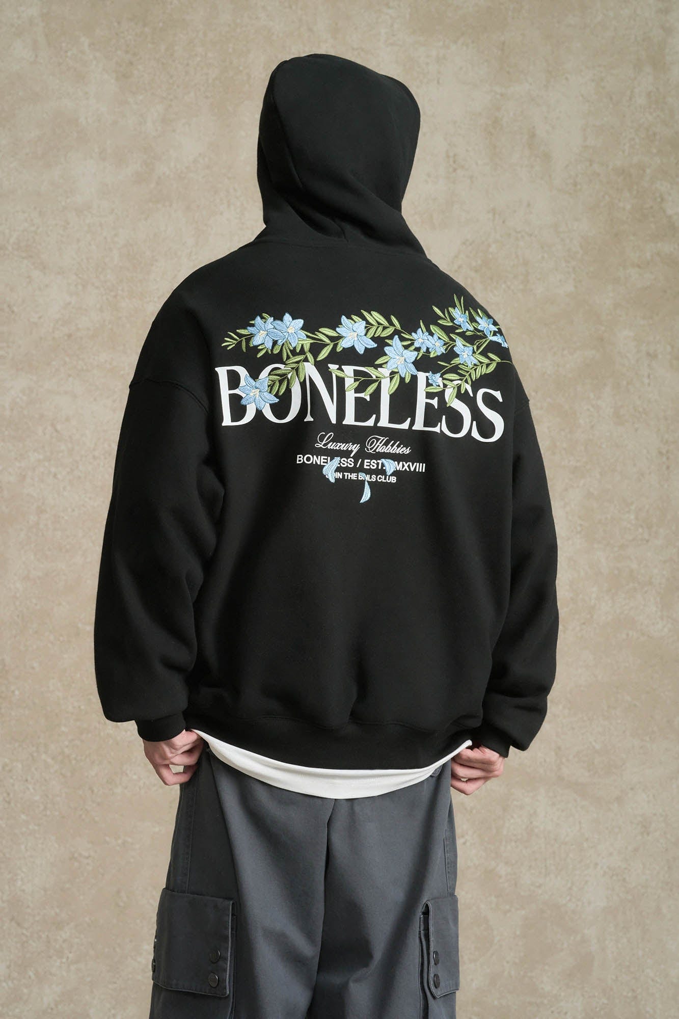 BONELESS Floral Embroidered Fleece-Lined Hoodie