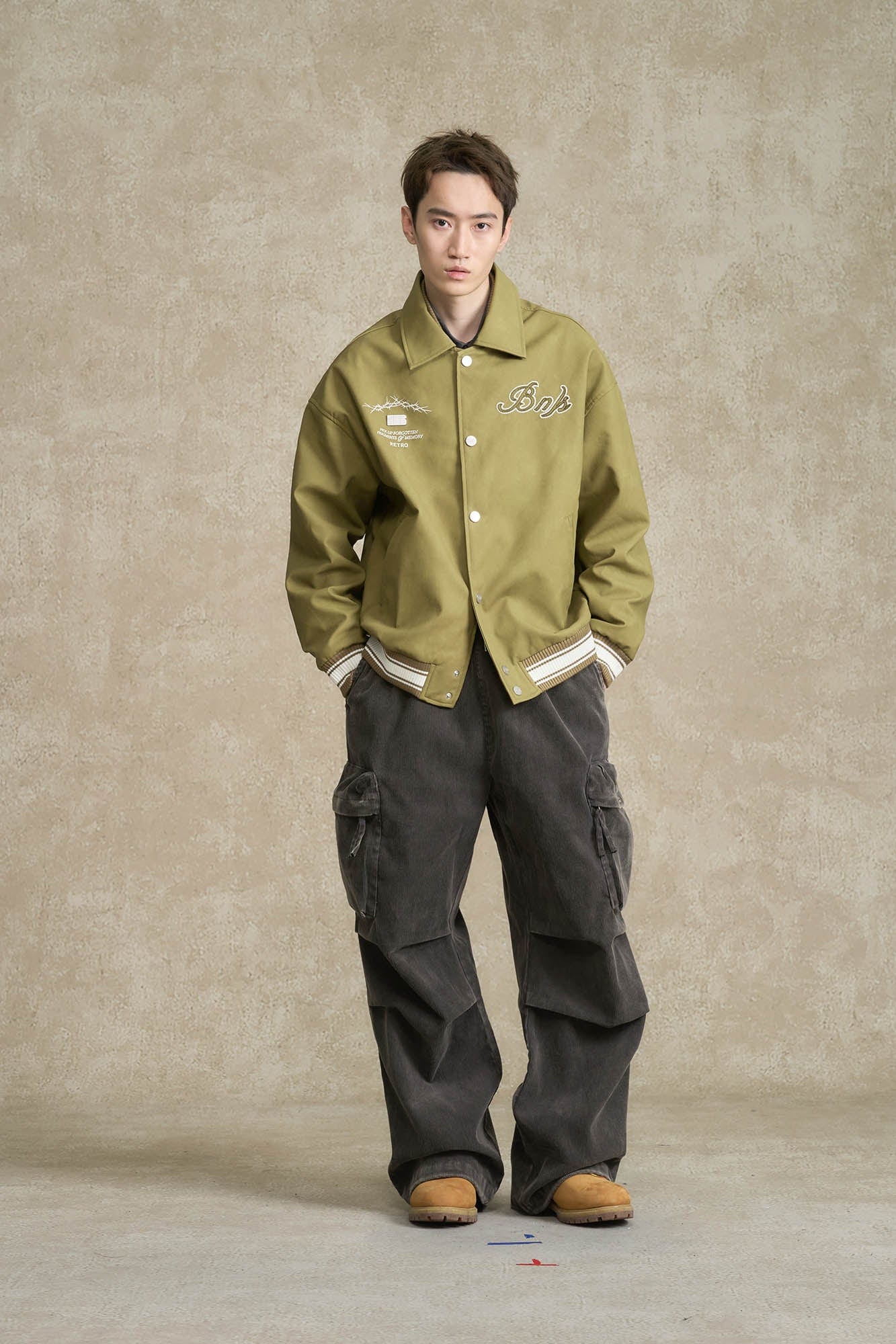 BONELESS Embroidered Logo PU Varsity Jacket