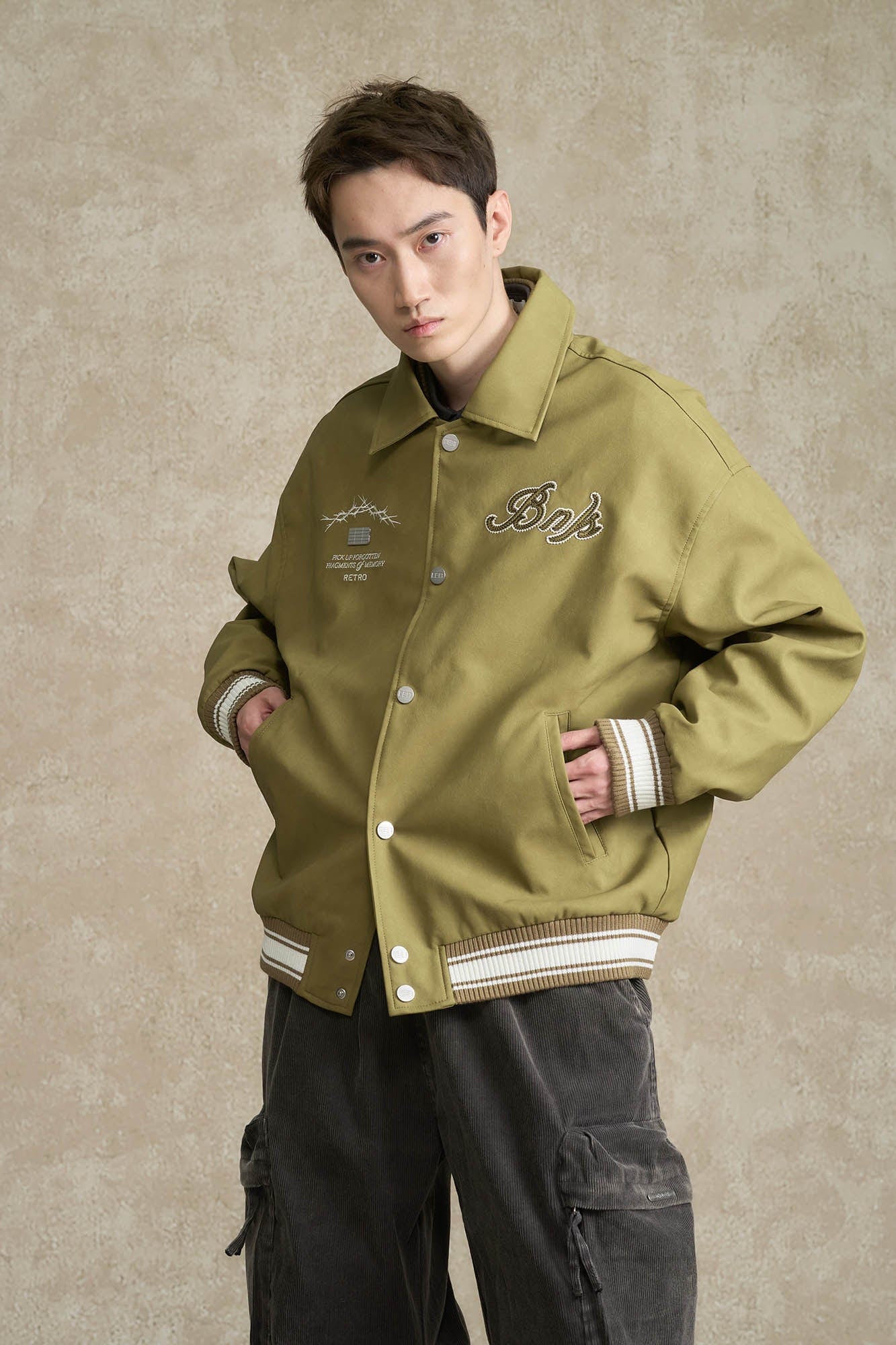 BONELESS Embroidered Logo PU Varsity Jacket