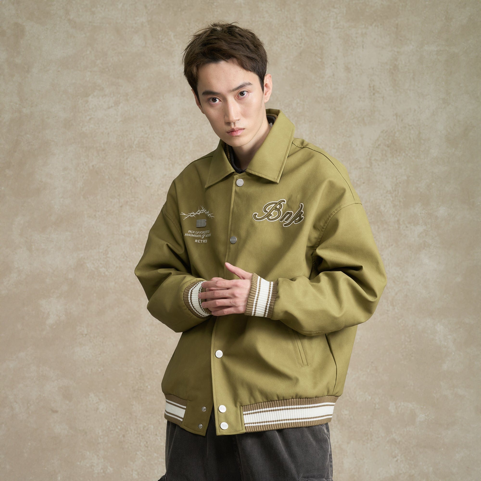 BONELESS Embroidered Logo PU Varsity Jacket