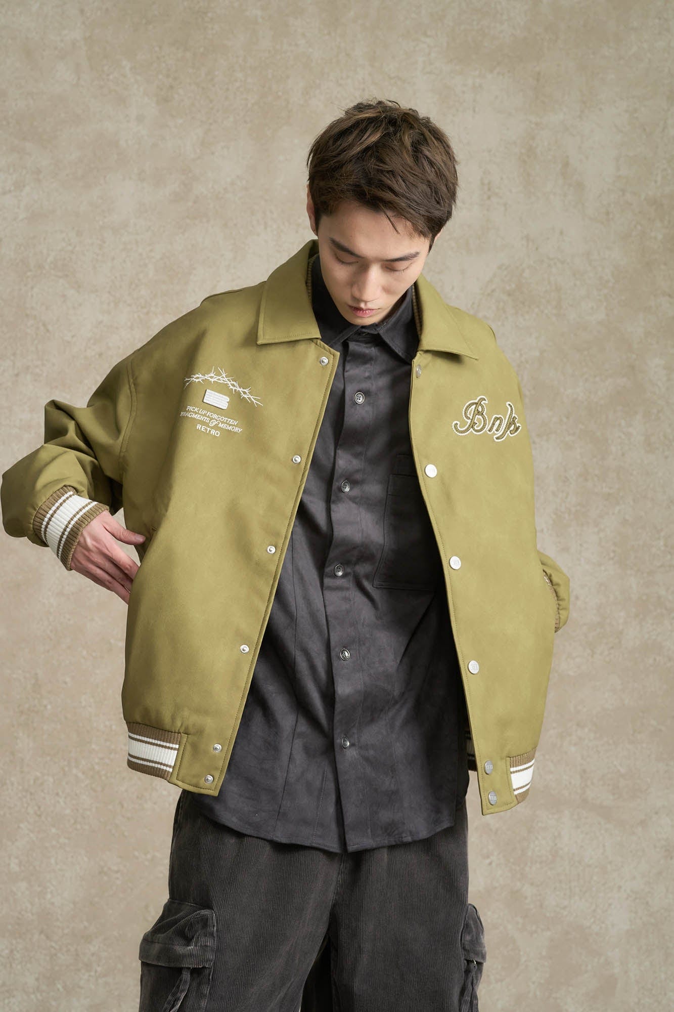 BONELESS Embroidered Logo PU Varsity Jacket