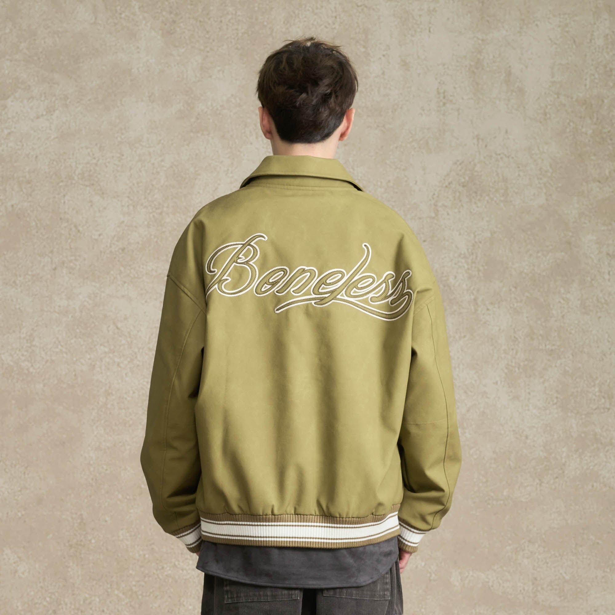 BONELESS Embroidered Logo PU Varsity Jacket