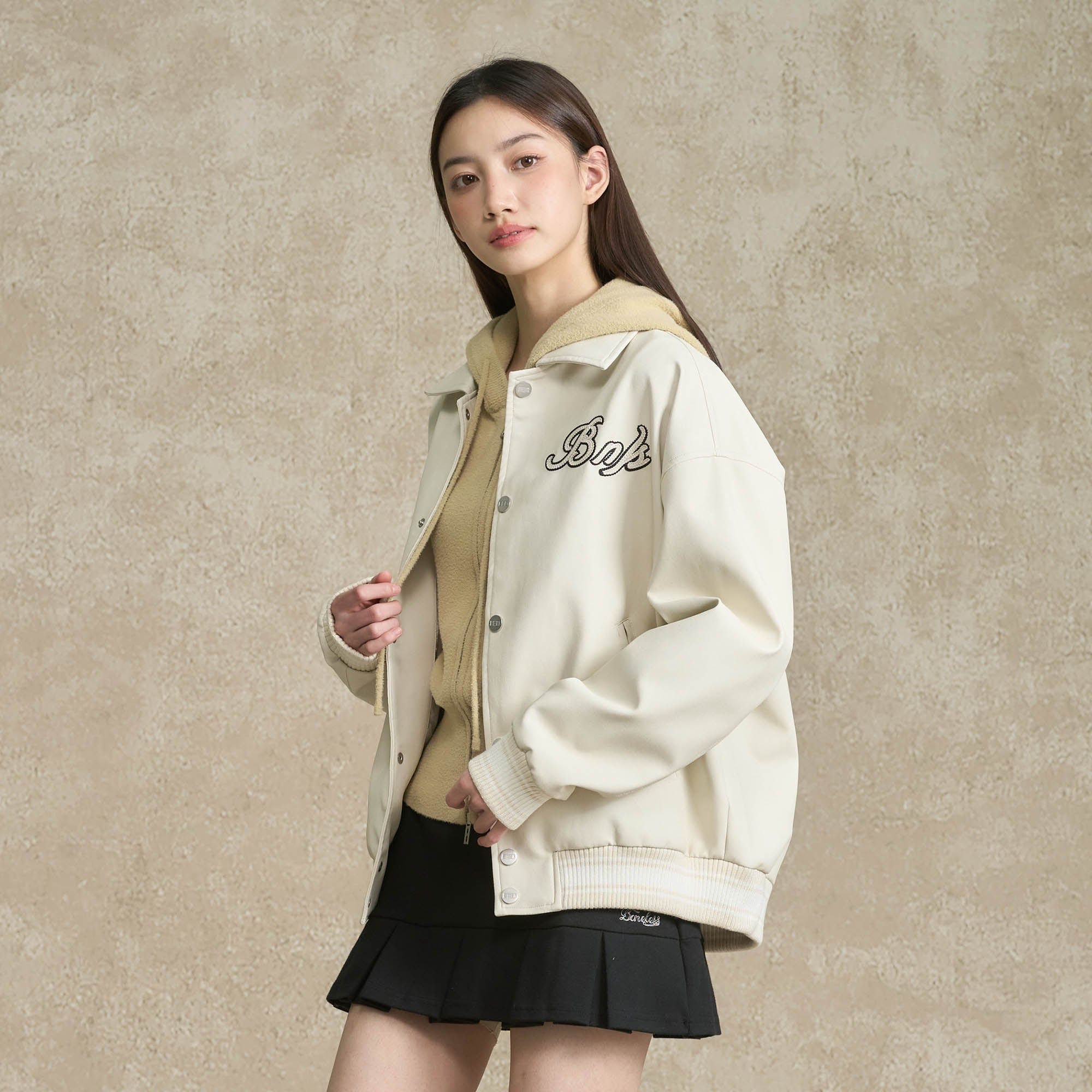 BONELESS Embroidered Logo PU Varsity Jacket