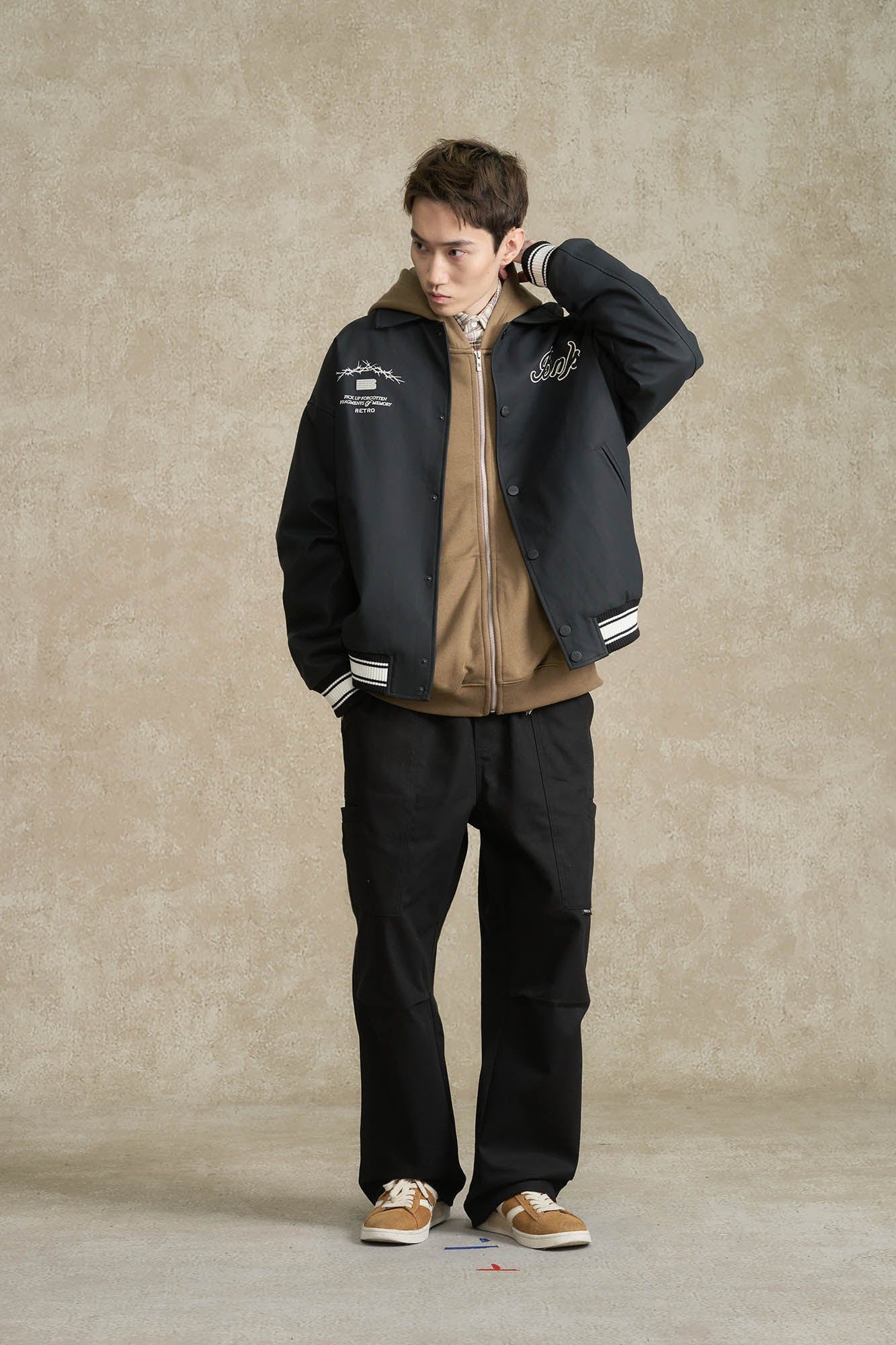 BONELESS Embroidered Logo PU Varsity Jacket