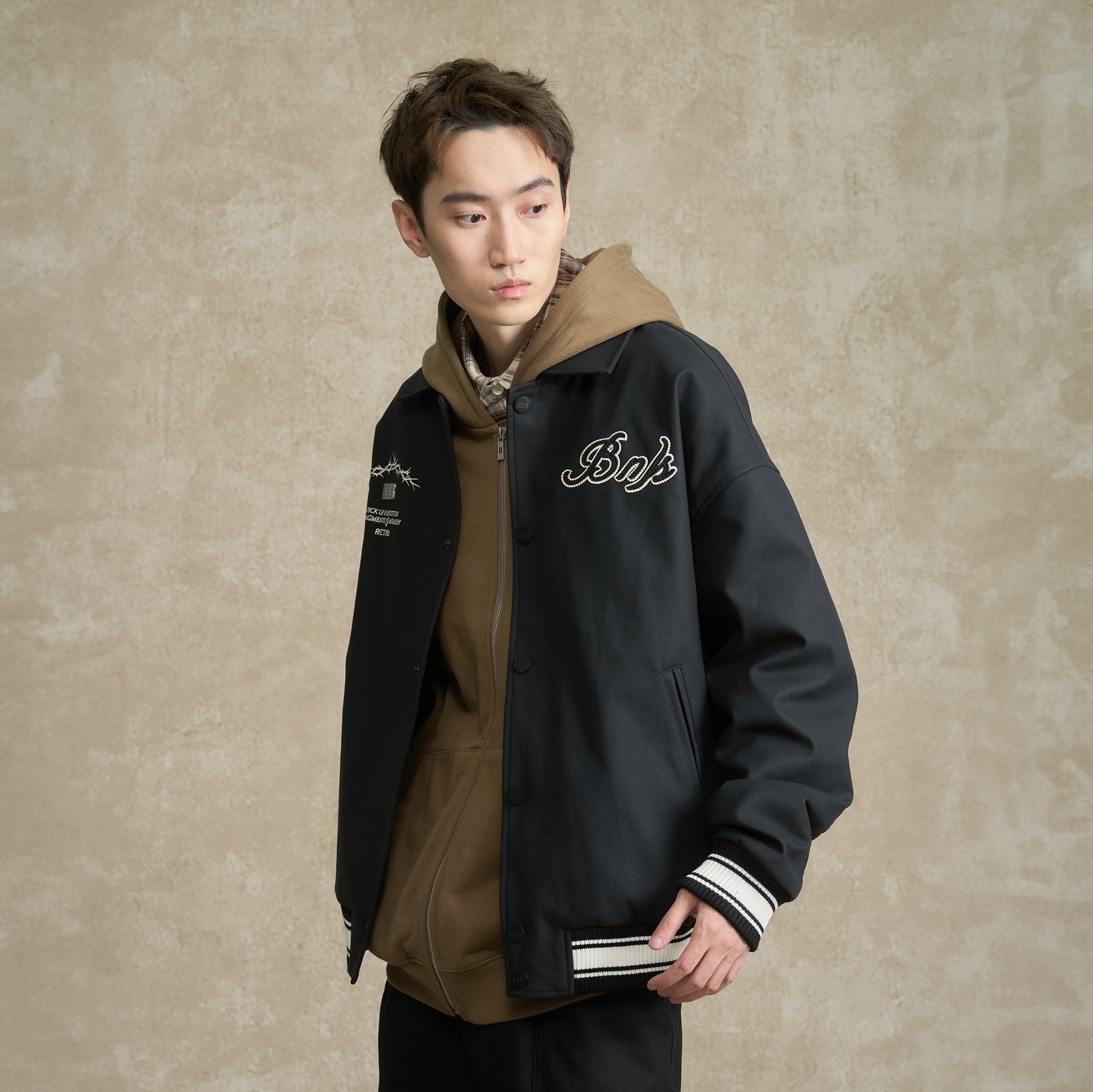 BONELESS Embroidered Logo PU Varsity Jacket