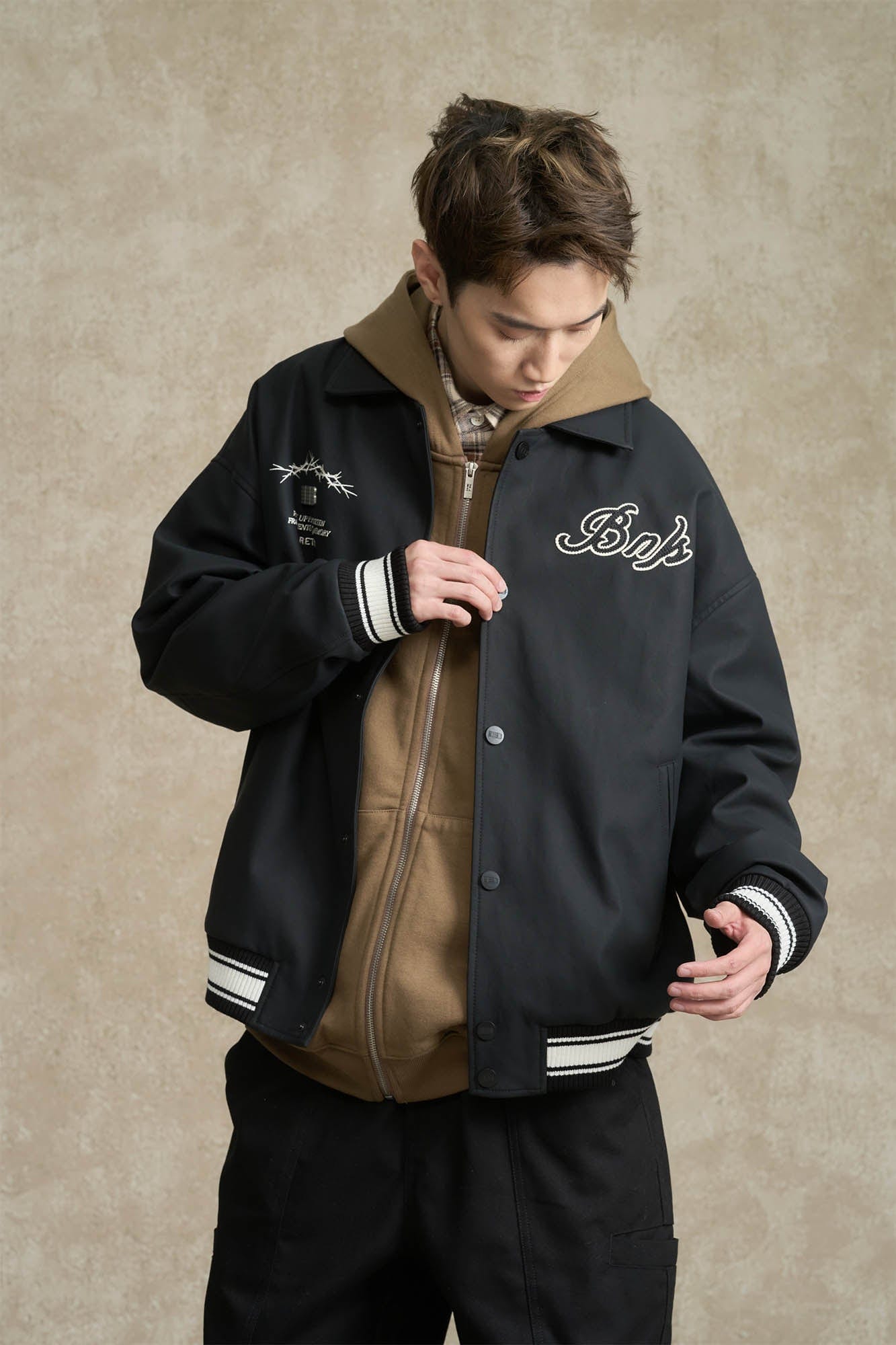 BONELESS Embroidered Logo PU Varsity Jacket