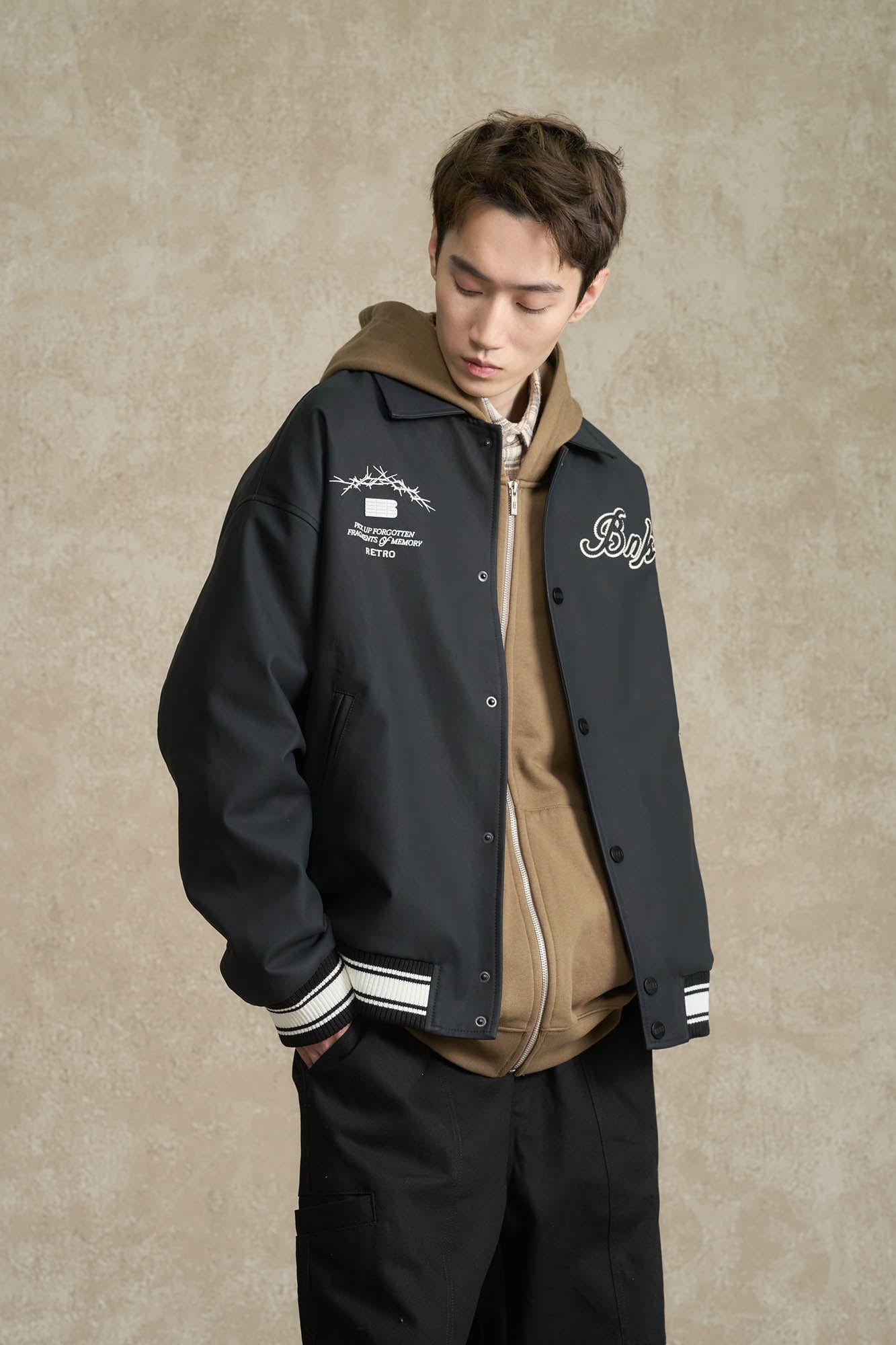 BONELESS Embroidered Logo PU Varsity Jacket