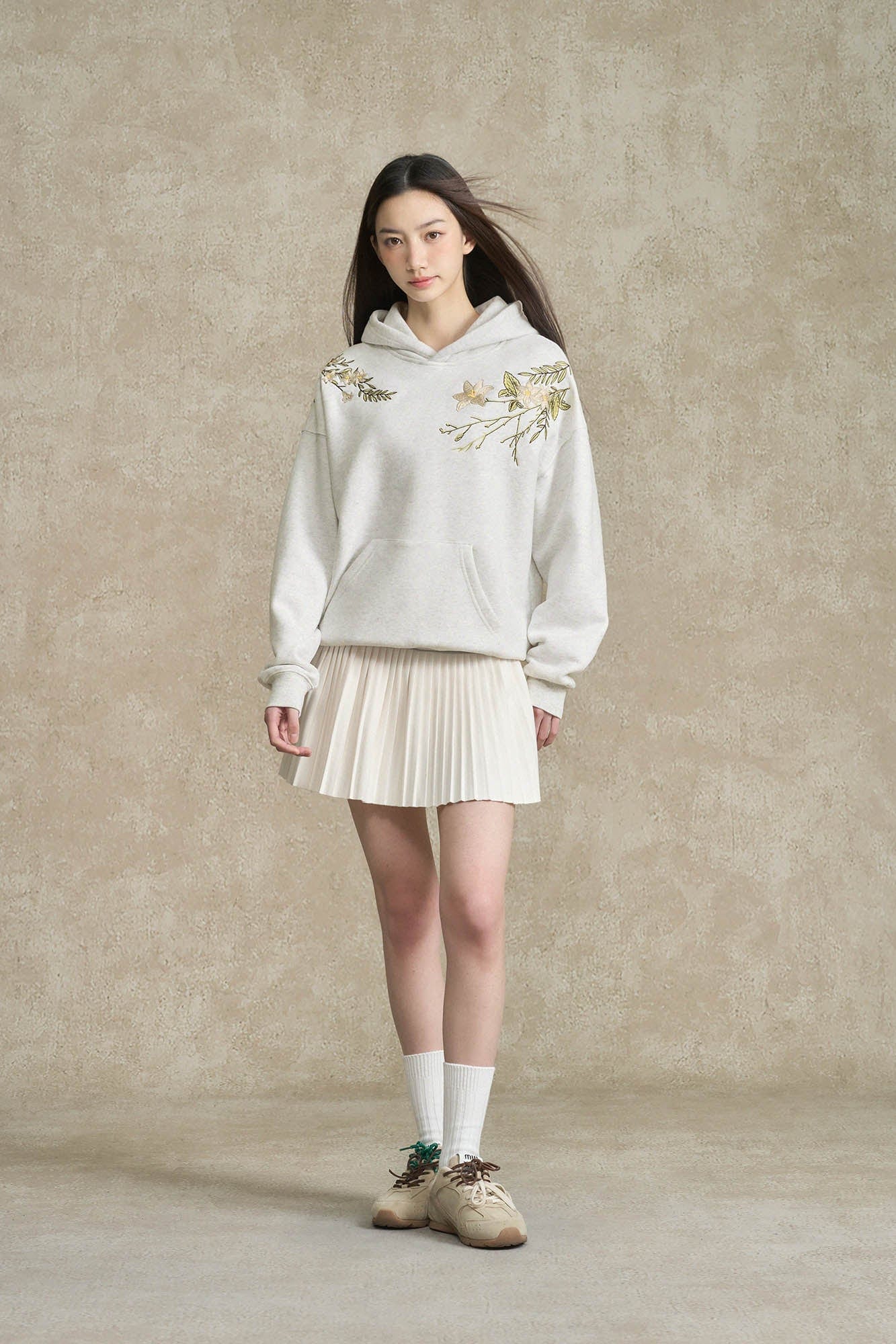 BONELESS Floral Embroidered Fleece-Lined Hoodie