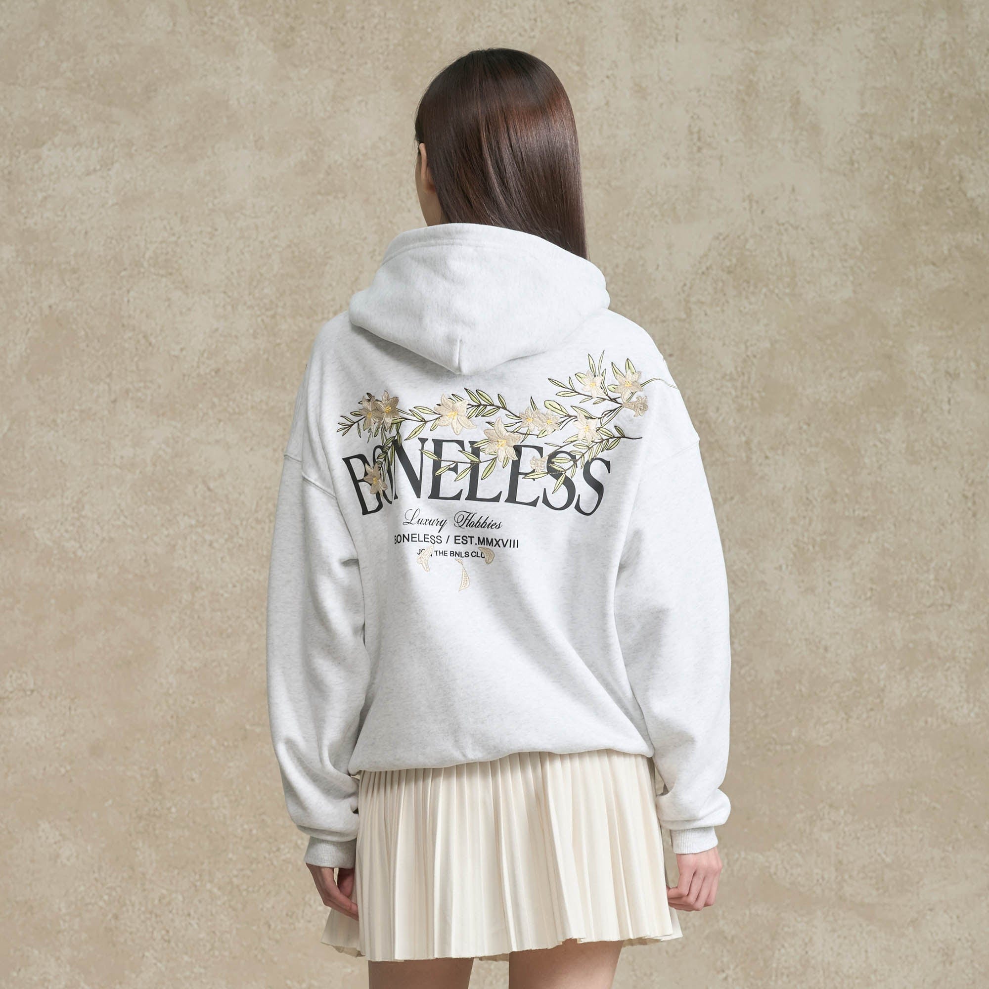BONELESS Floral Embroidered Fleece-Lined Hoodie