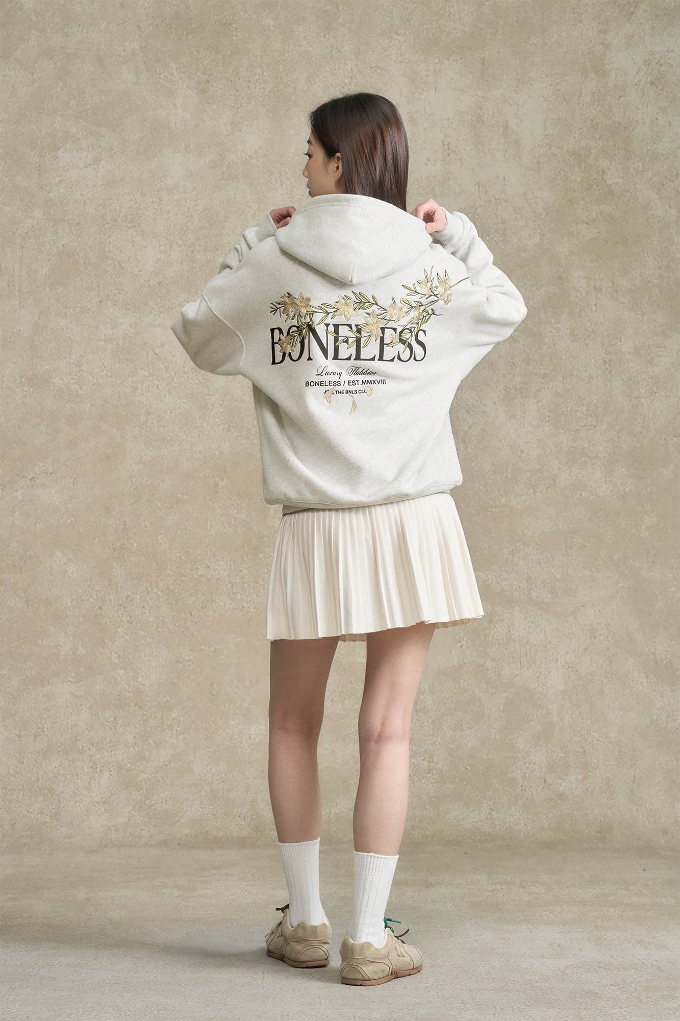 BONELESS Floral Embroidered Fleece-Lined Hoodie