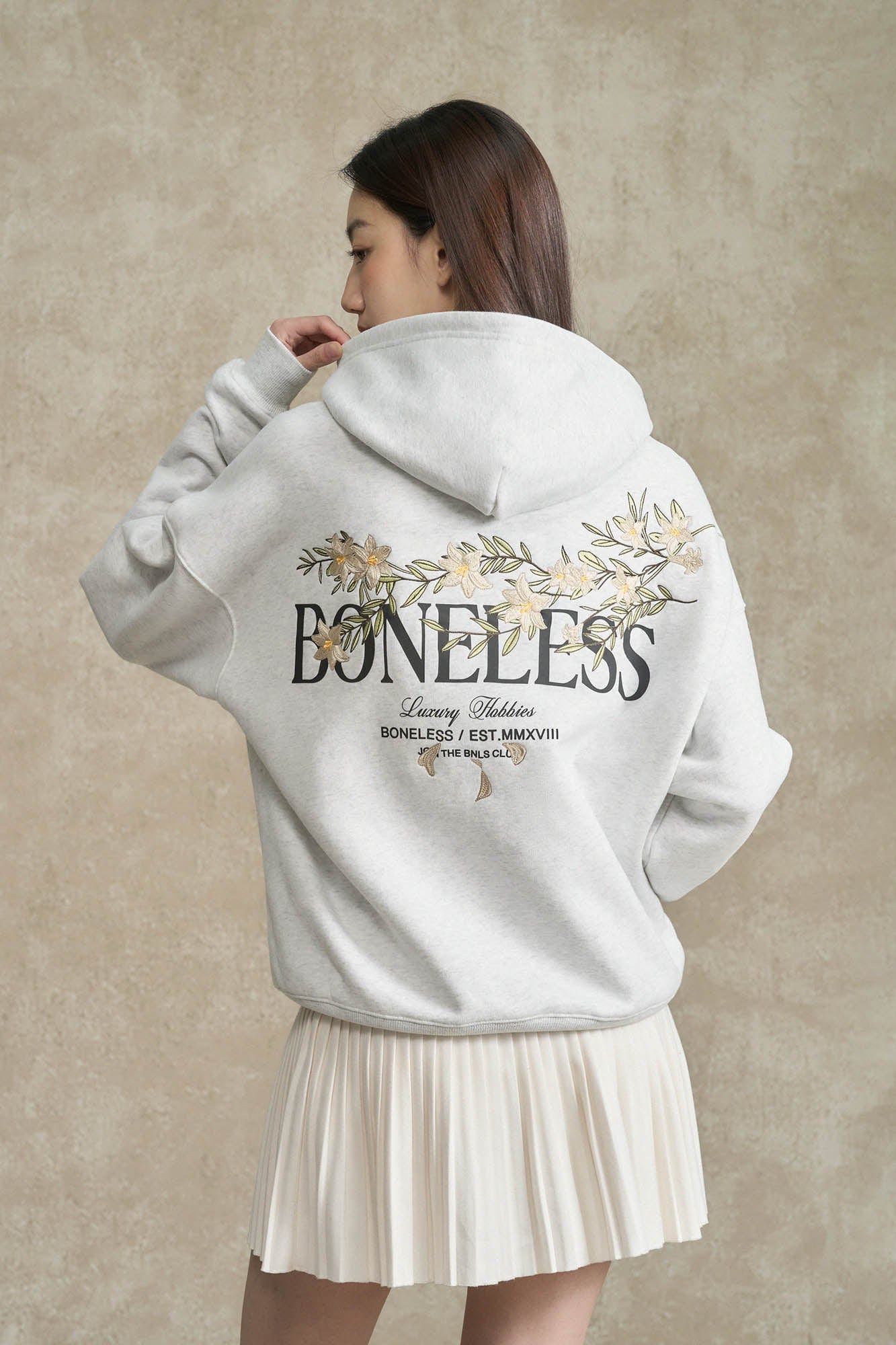 BONELESS Floral Embroidered Fleece-Lined Hoodie