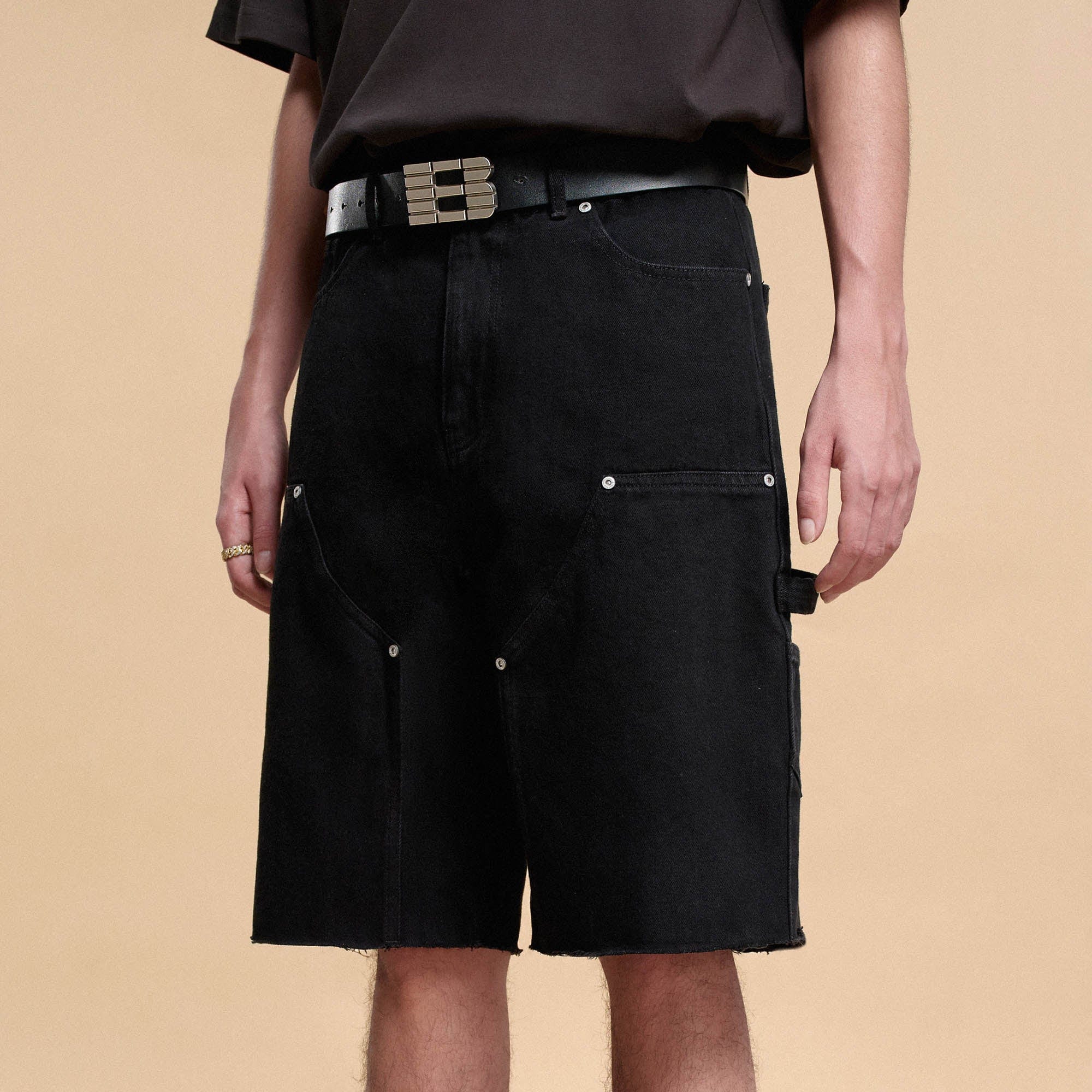 BONELESS Frayed Double-Knee Cargo Shorts Black