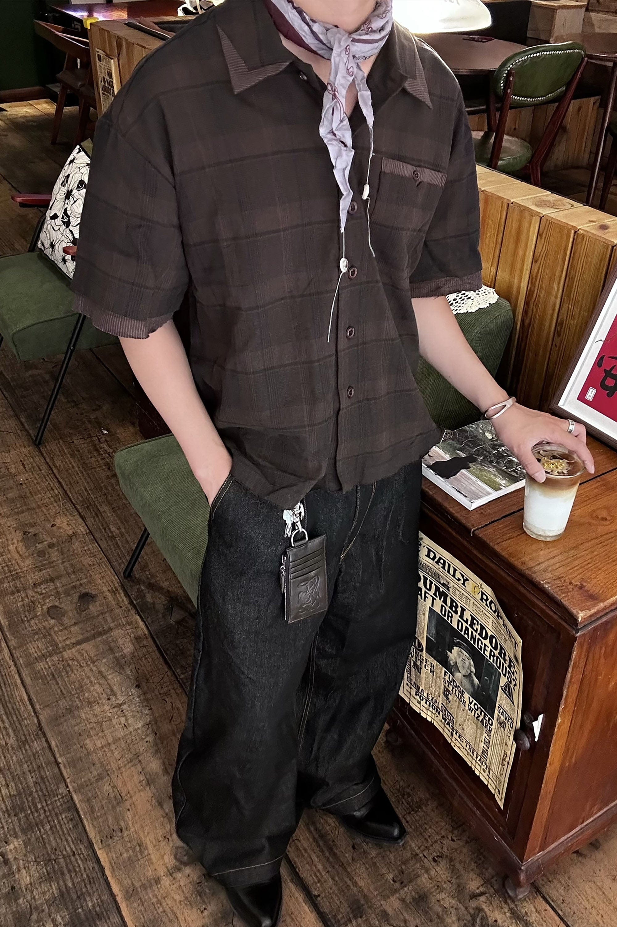 ESAIAS Plaid Layered Raw-Edge Half Shirt Brown